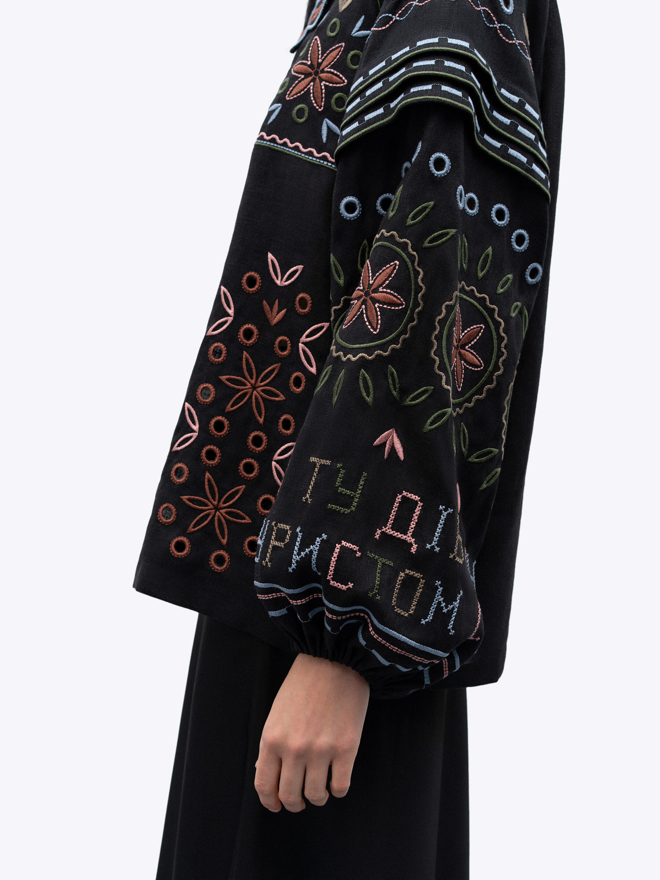 Embroidered jacket made of black linen with a collar Bandura Dark choose