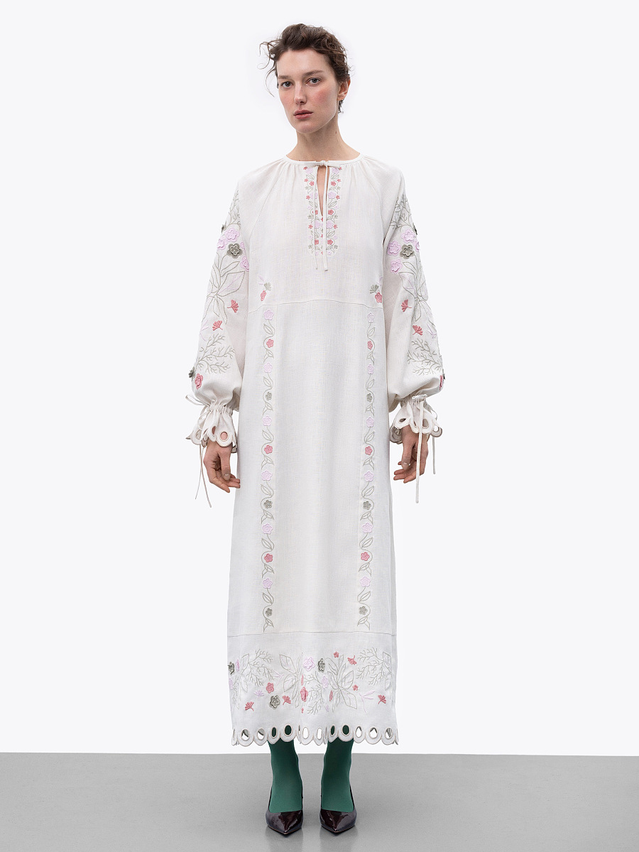 Long linen embroidered dress with floral by the motives of Rozmay [0]