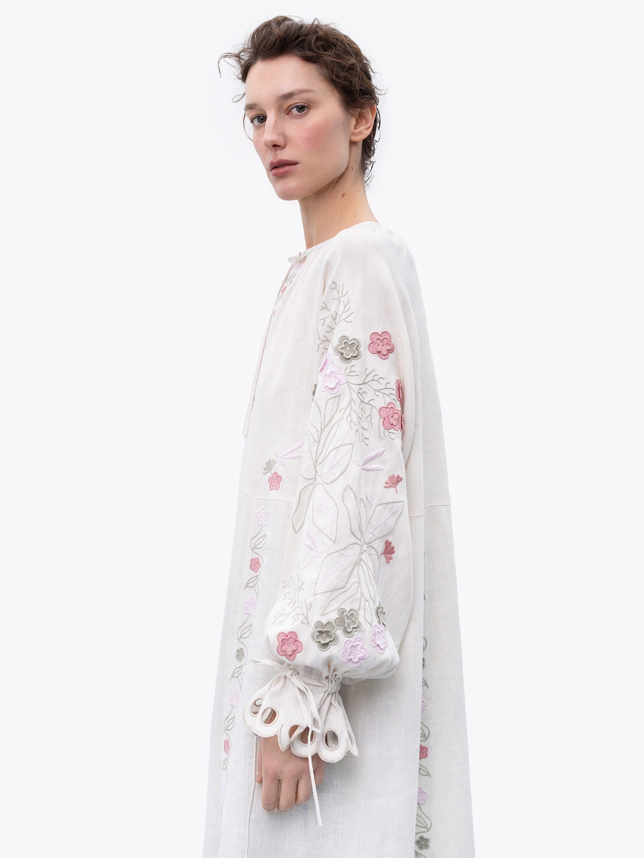 Long linen embroidered dress with floral by the motives of Rozmay in Ukraine