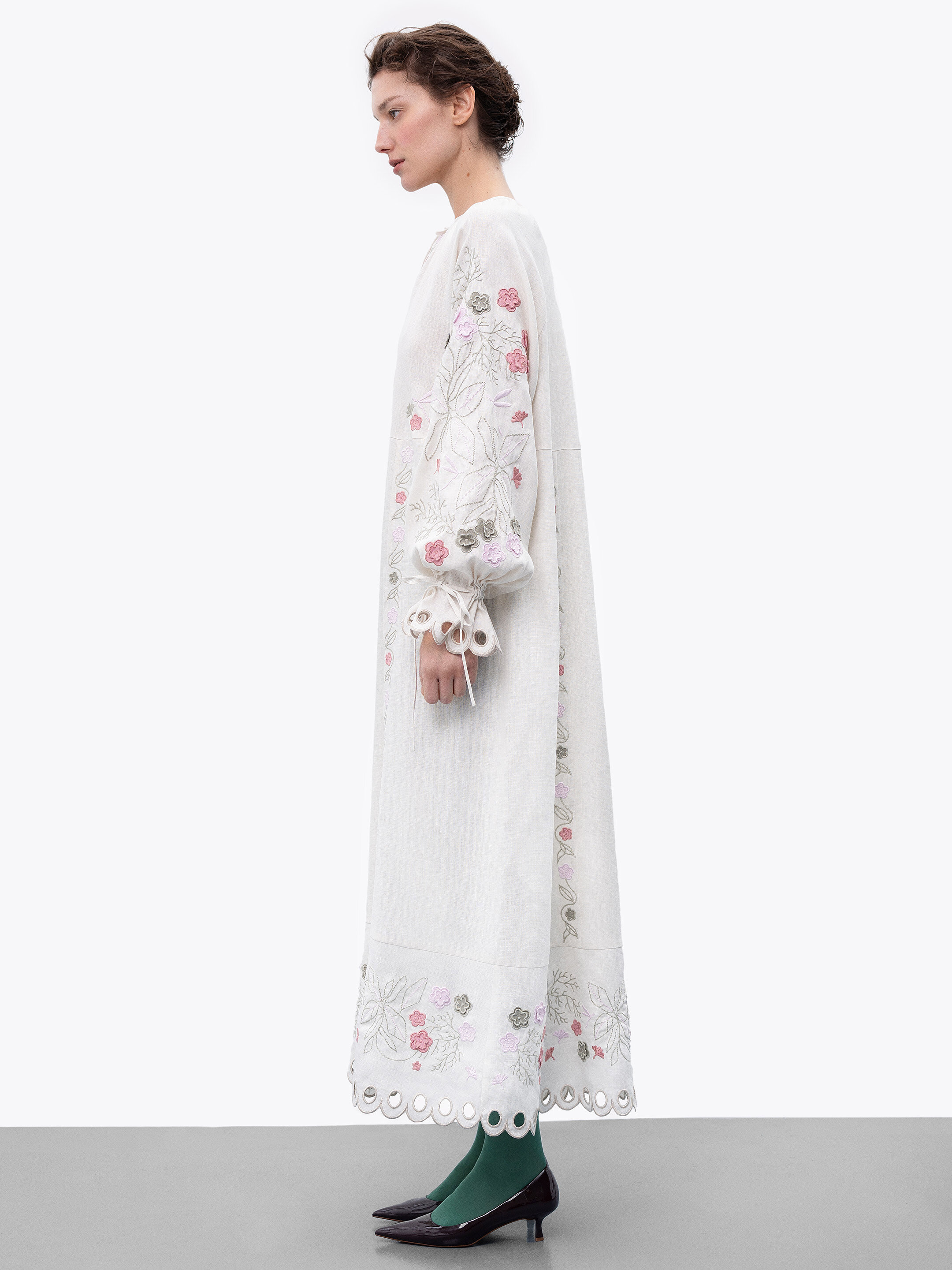 Long linen embroidered dress with floral by the motives of Rozmay sizes