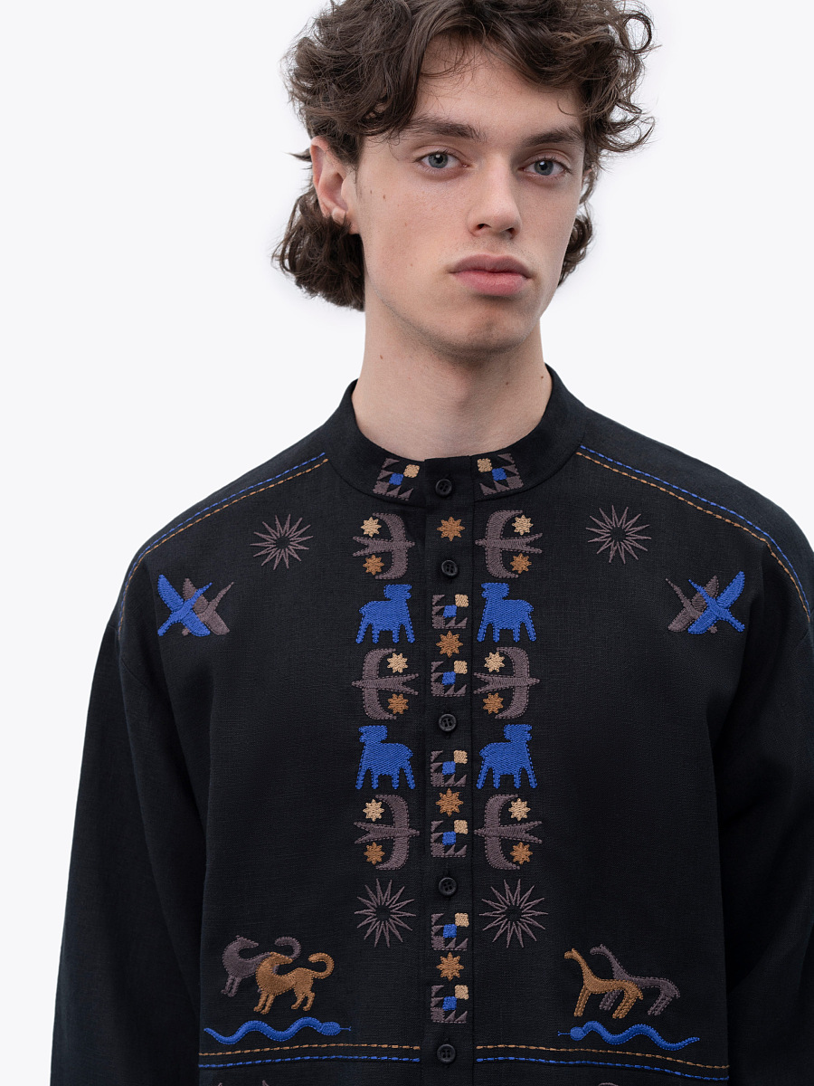 Men's linen shirt on buttons with embroidery Zvir [0]