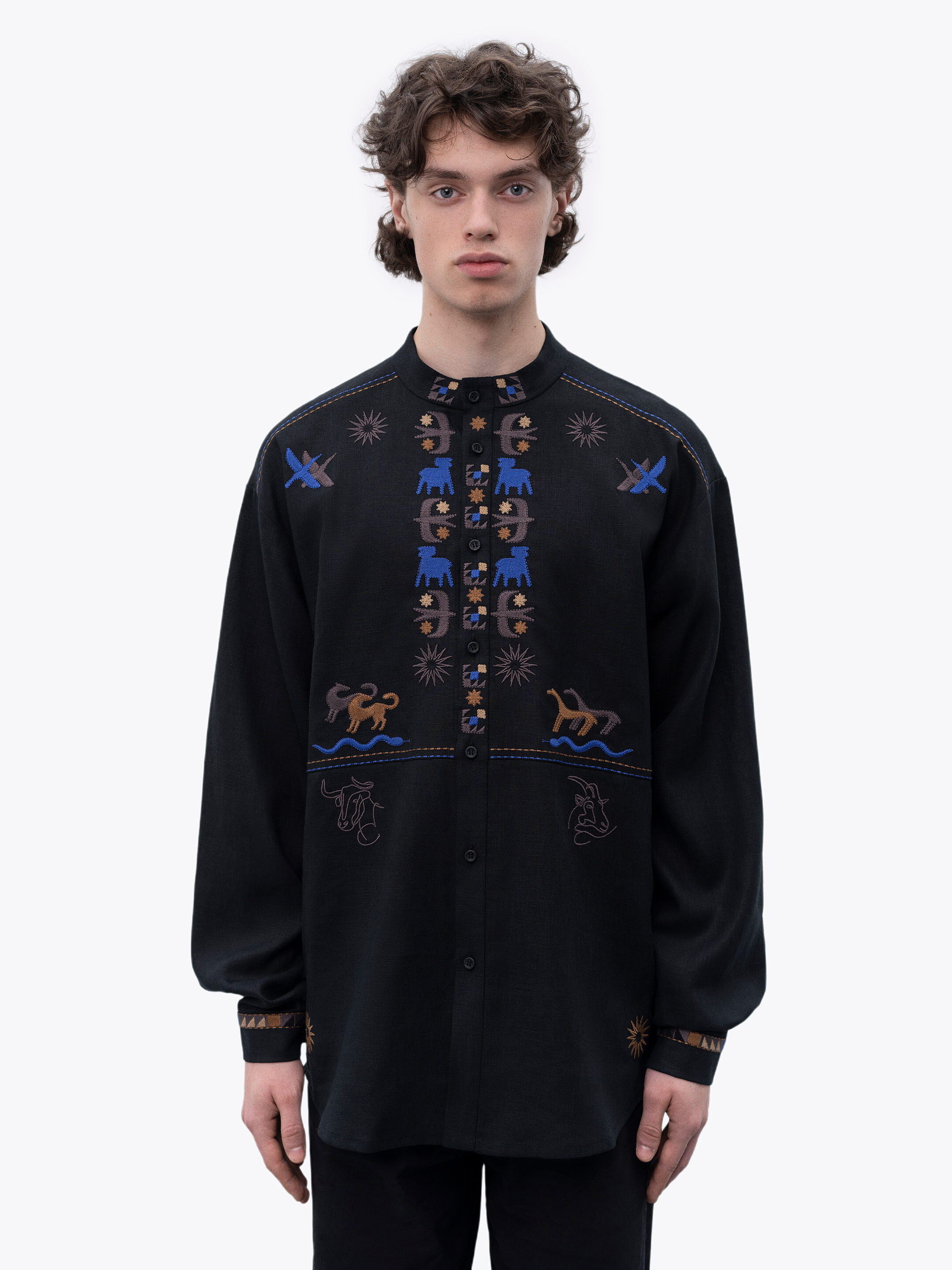 Men's linen shirt on buttons with embroidery Zvir in Ukraine