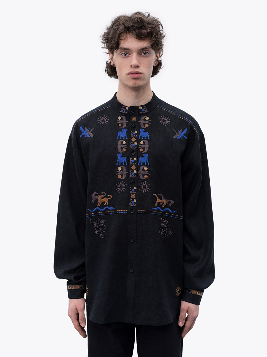 Men's linen shirt on buttons with embroidery Zvir [0]