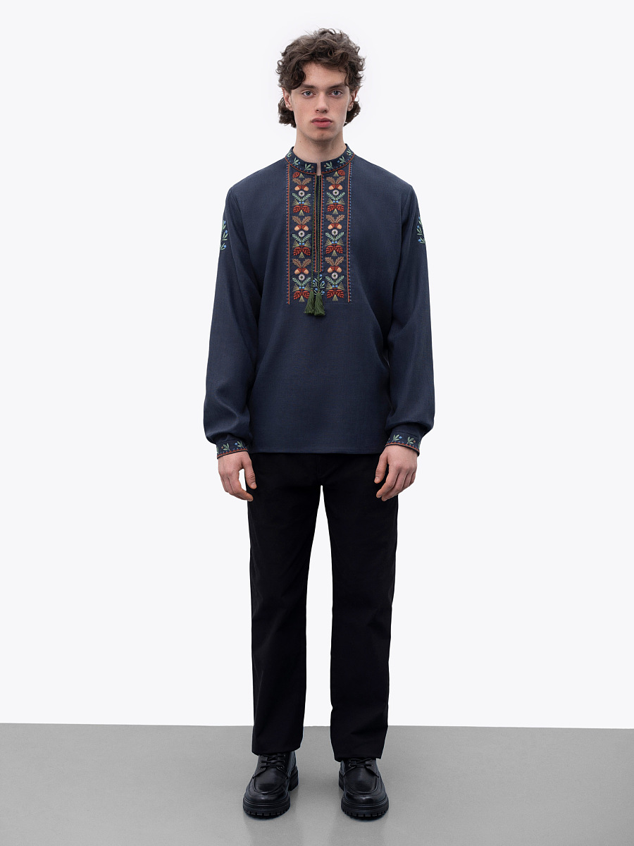 Dark blue men's embroidered shirt Wood [0]