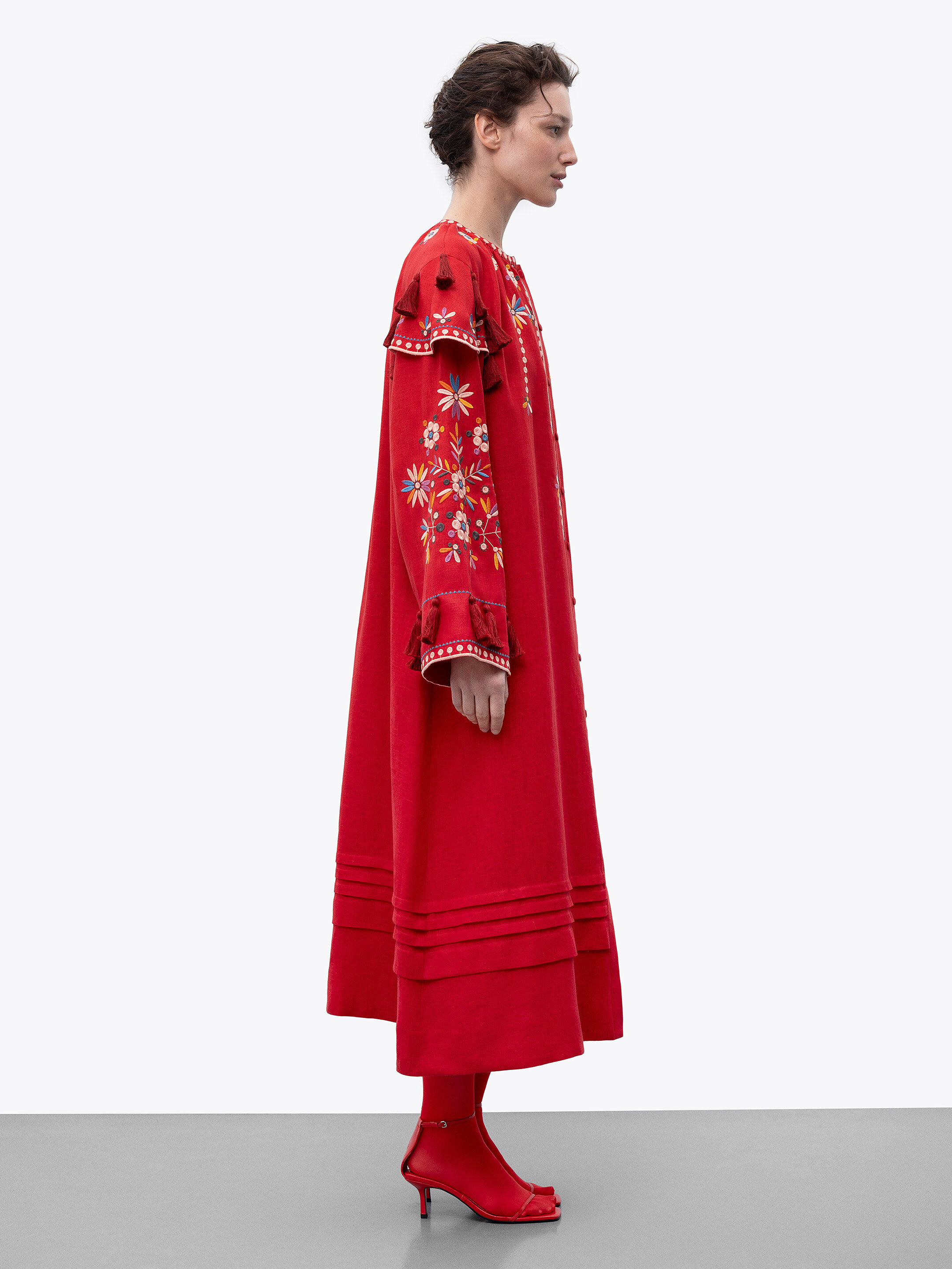 Red linen embroidered dress with floral motifs and tassels Vesnyanka Chervona cheap