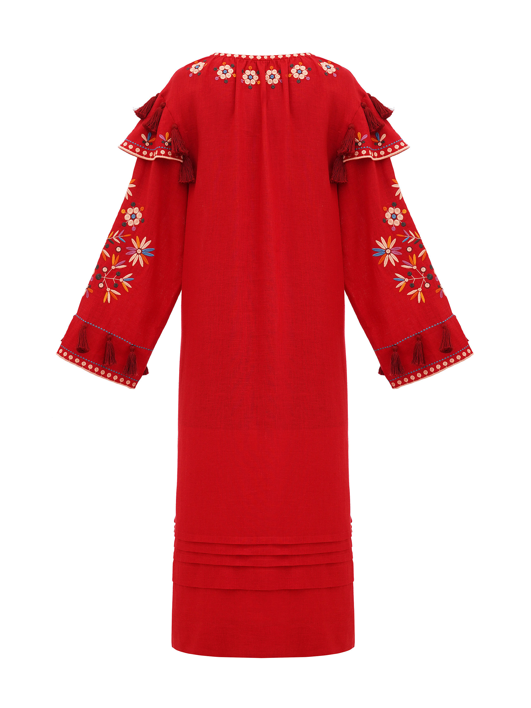 Red linen embroidered dress with floral motifs and tassels Vesnyanka Chervona fitting