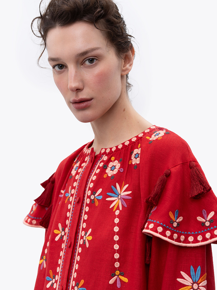 Red linen embroidered dress with floral motifs and tassels Vesnyanka Chervona [0]