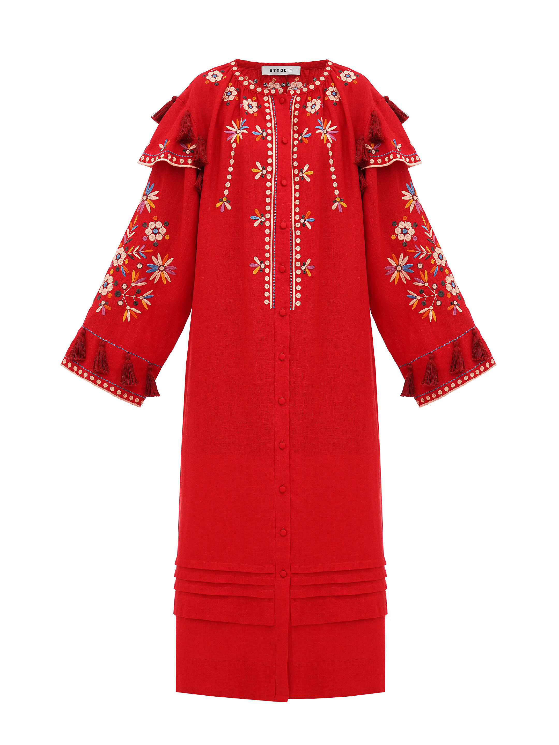 Red linen embroidered dress with floral motifs and tassels Vesnyanka Chervona choose