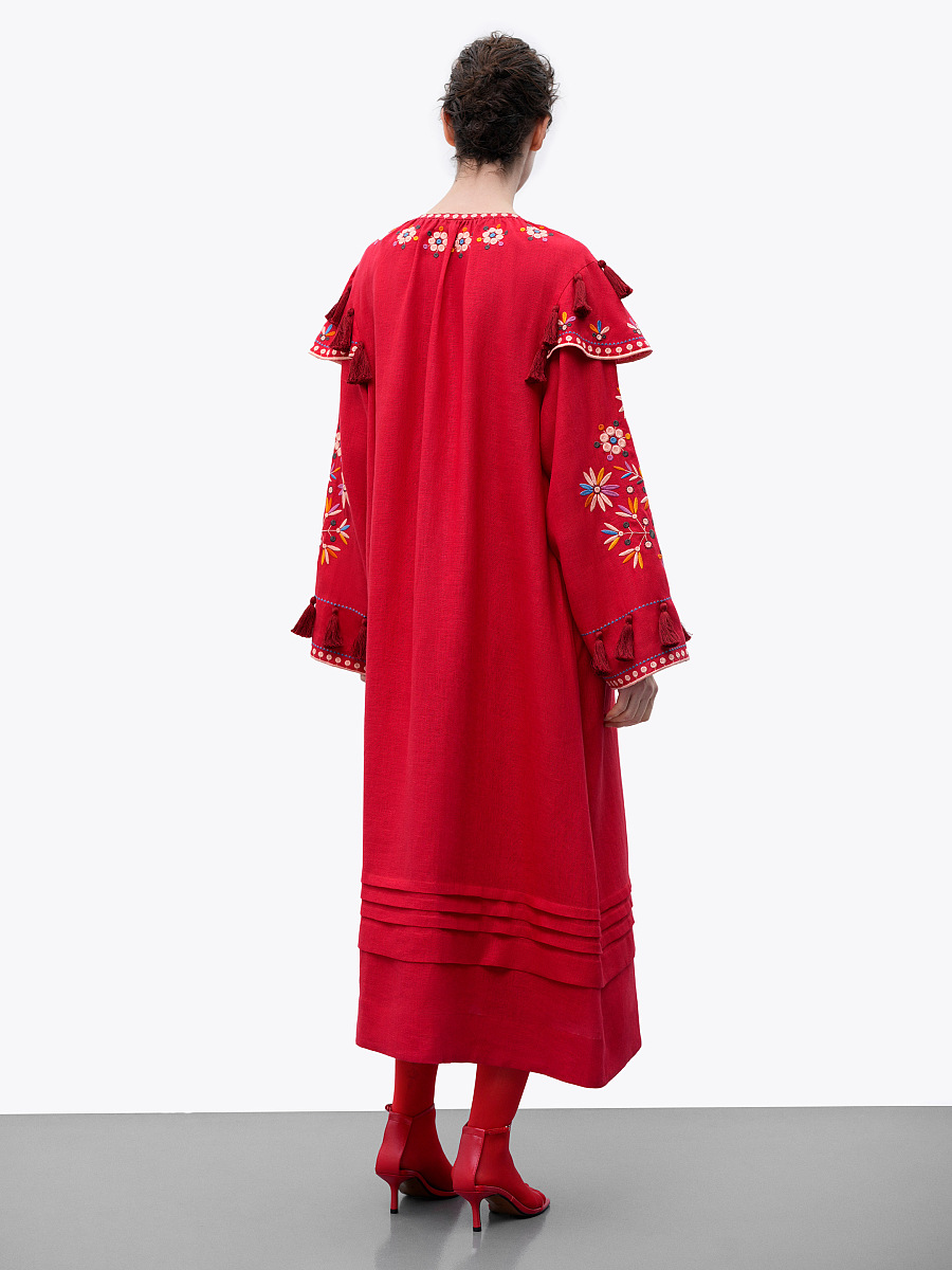 Red linen embroidered dress with floral motifs and tassels Vesnyanka Chervona [0]