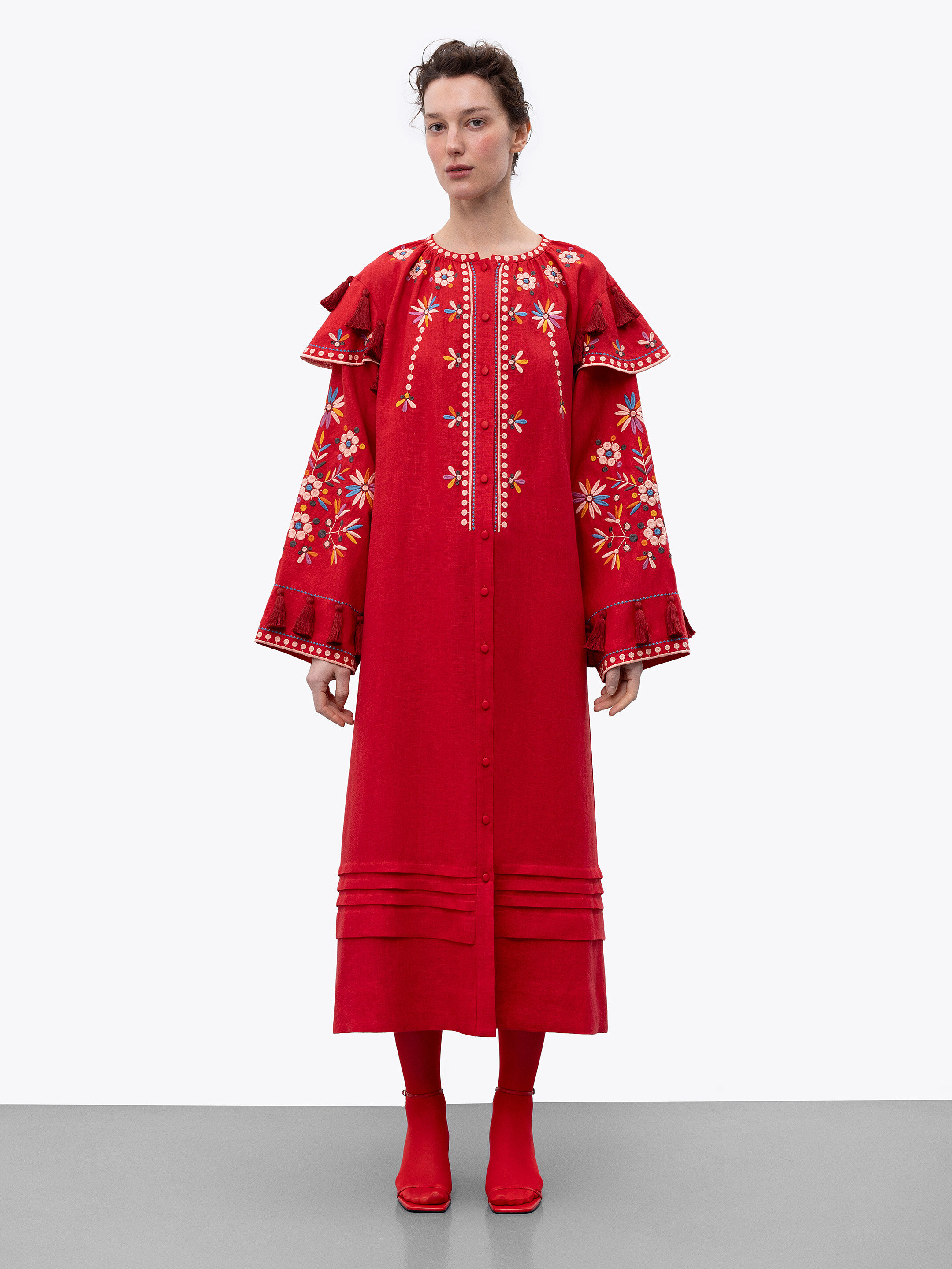Red linen embroidered dress with floral motifs and tassels Vesnyanka Chervona Buy