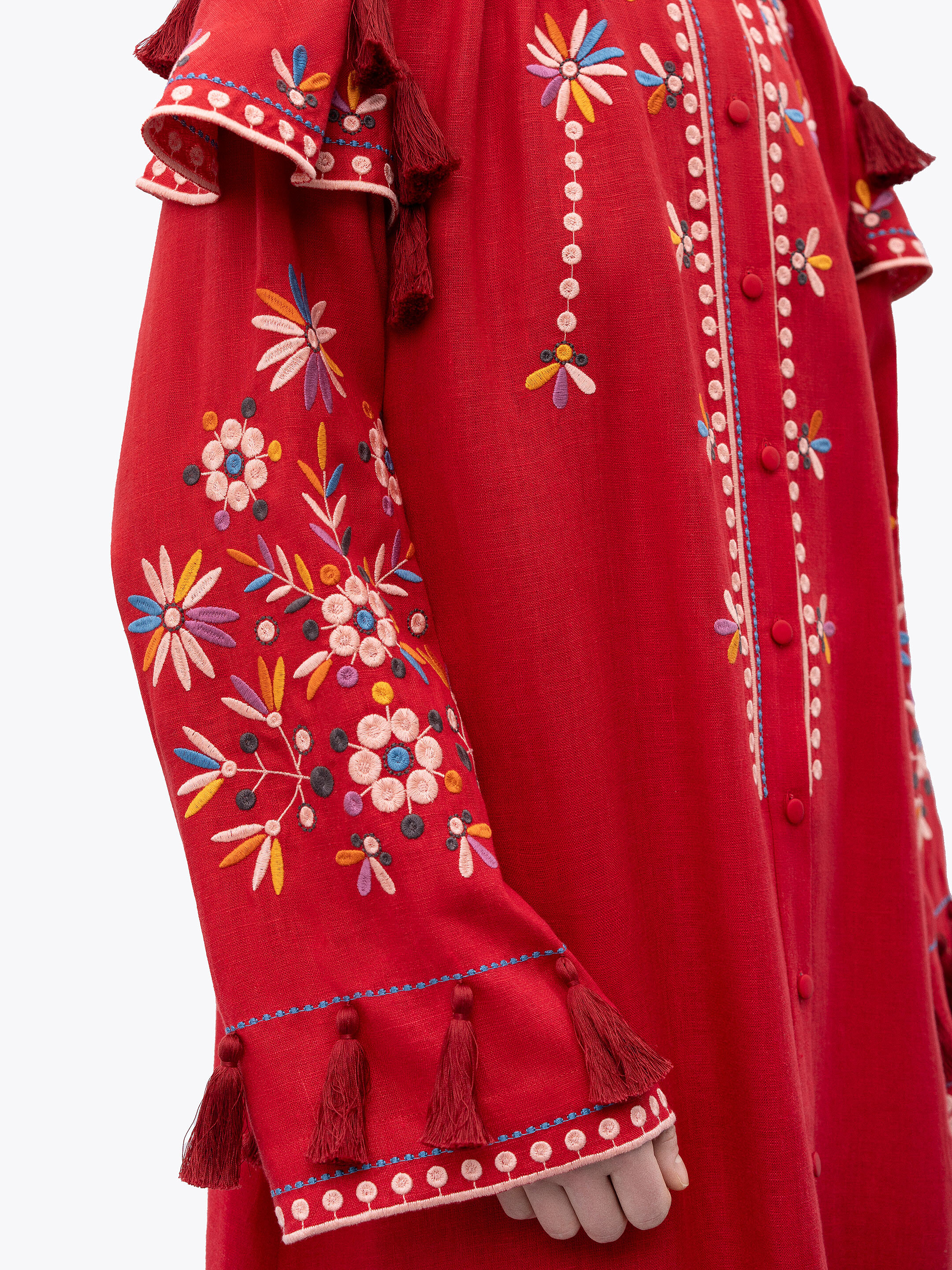 Red linen embroidered dress with floral motifs and tassels Vesnyanka Chervona ціна