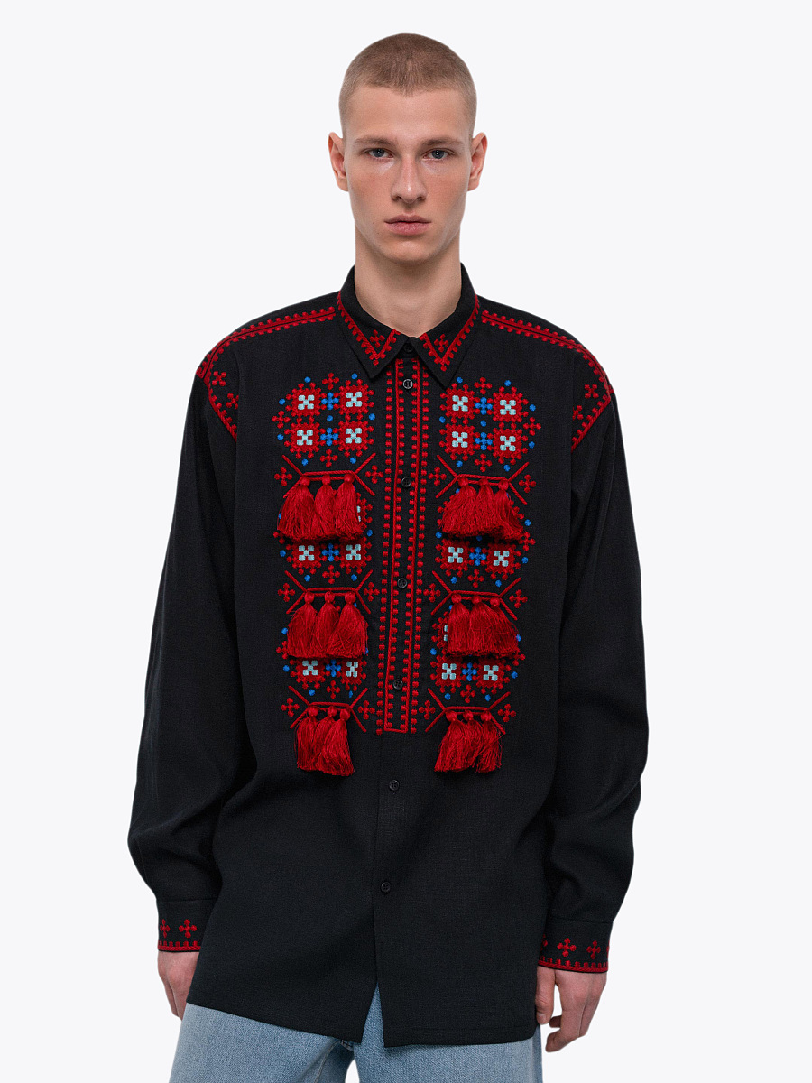 Men's embroidered shirt with a collar and massive tassels Zemlya [0]