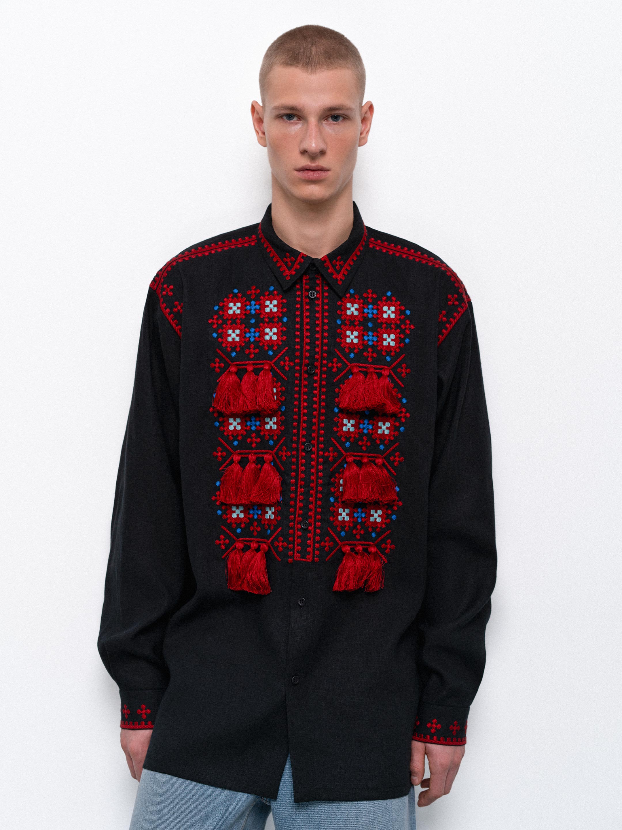 Men's embroidered shirt with a collar and massive tassels Zemlya - photo 1