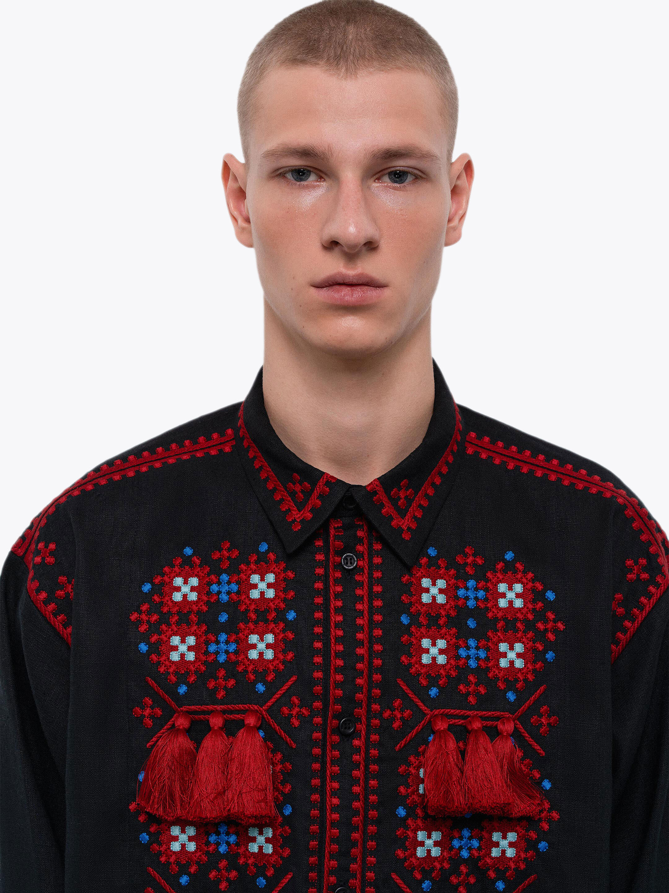 Men's embroidered shirt with a collar and massive tassels Zemlya ціна
