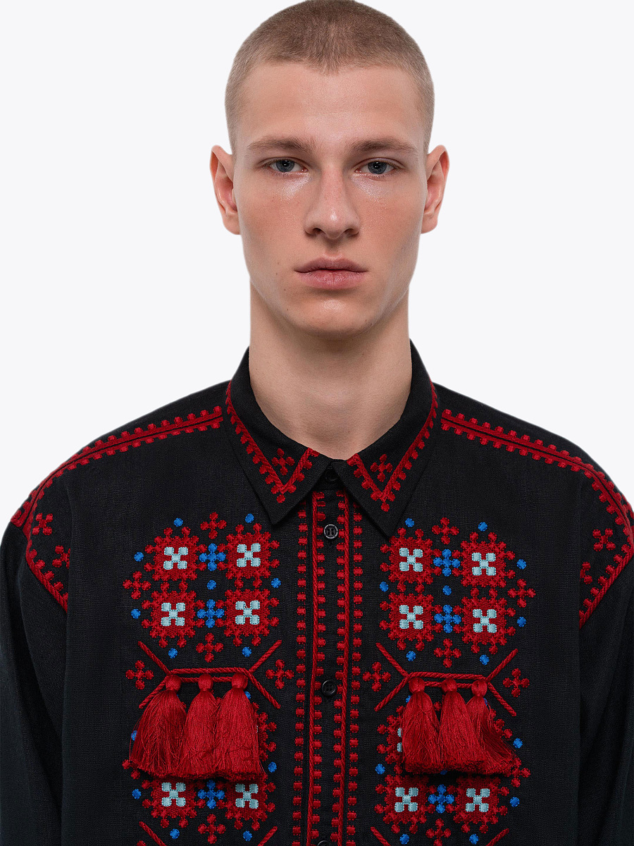 Men's embroidered shirt with a collar and massive tassels Zemlya [0]