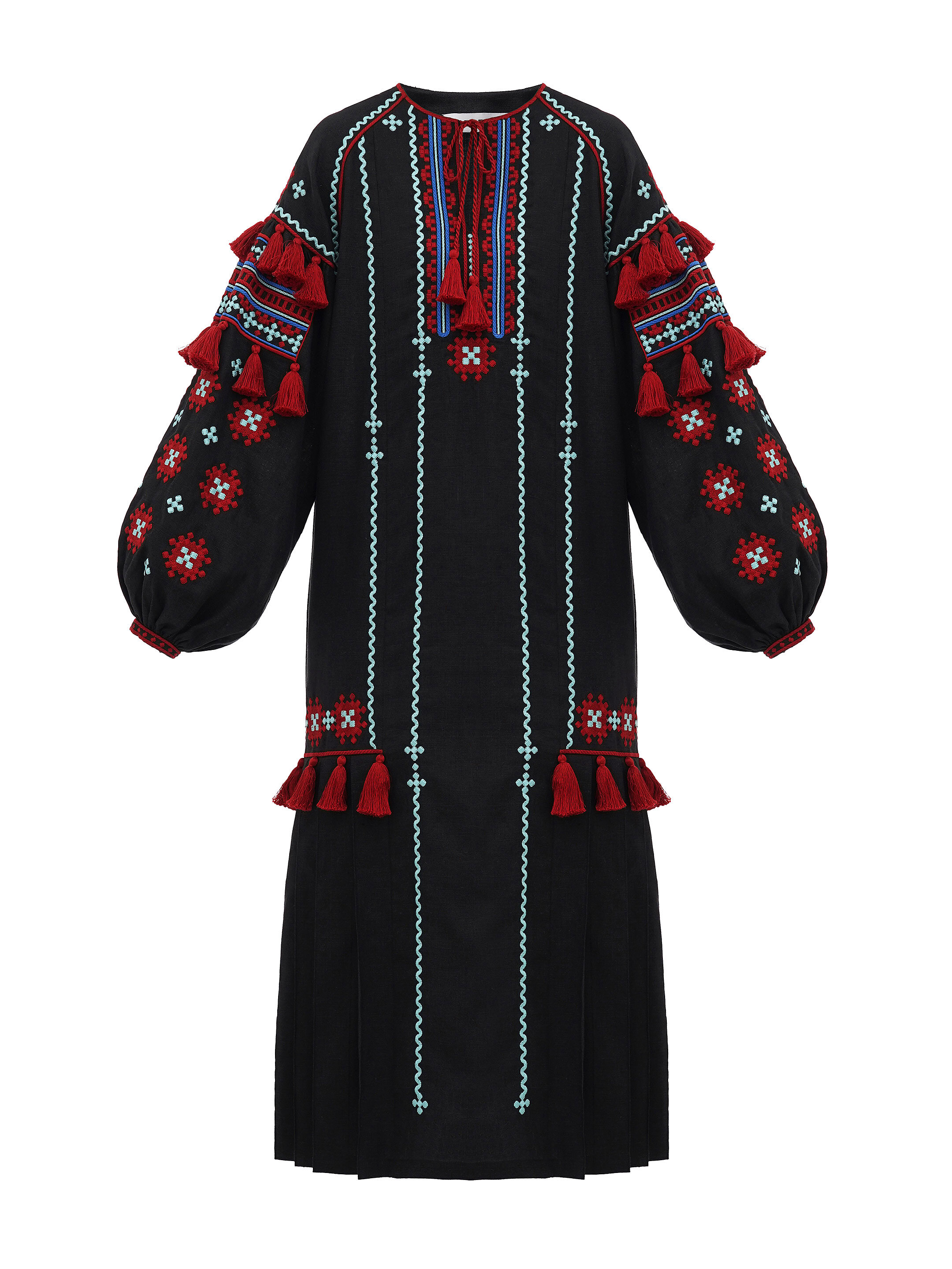 Black linen embroidered dress with contrasting ornaments and tassels Tera sizes