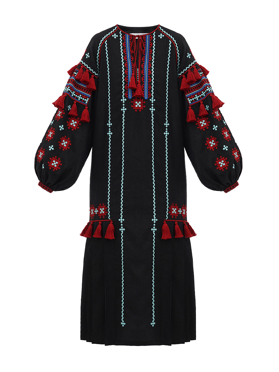 Black linen embroidered dress with contrasting ornaments and tassels Tera [0]