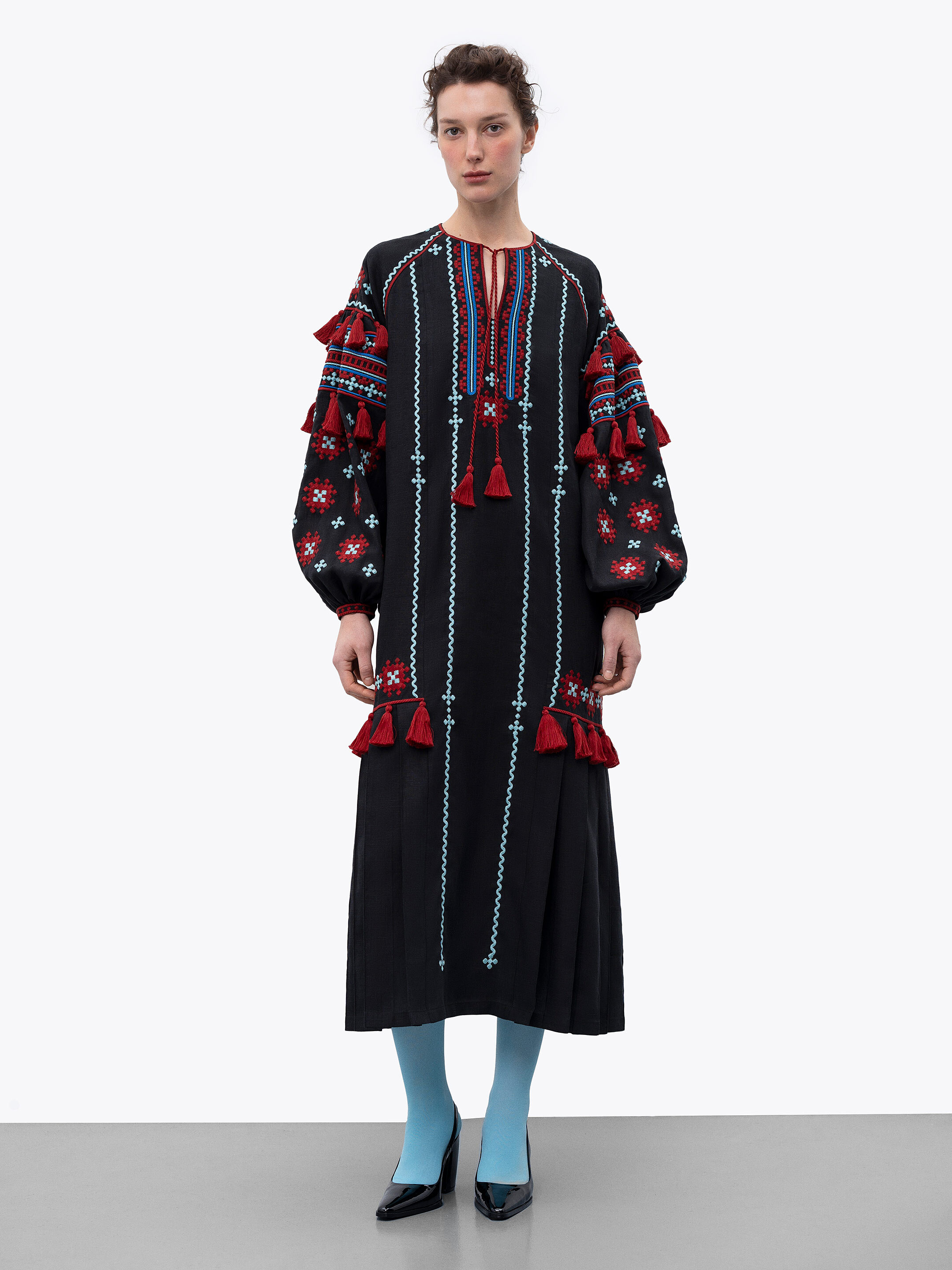 Black linen embroidered dress with contrasting ornaments and tassels Tera Buy