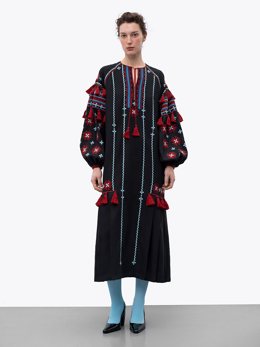 Black linen embroidered dress with contrasting ornaments and tassels Tera [0]