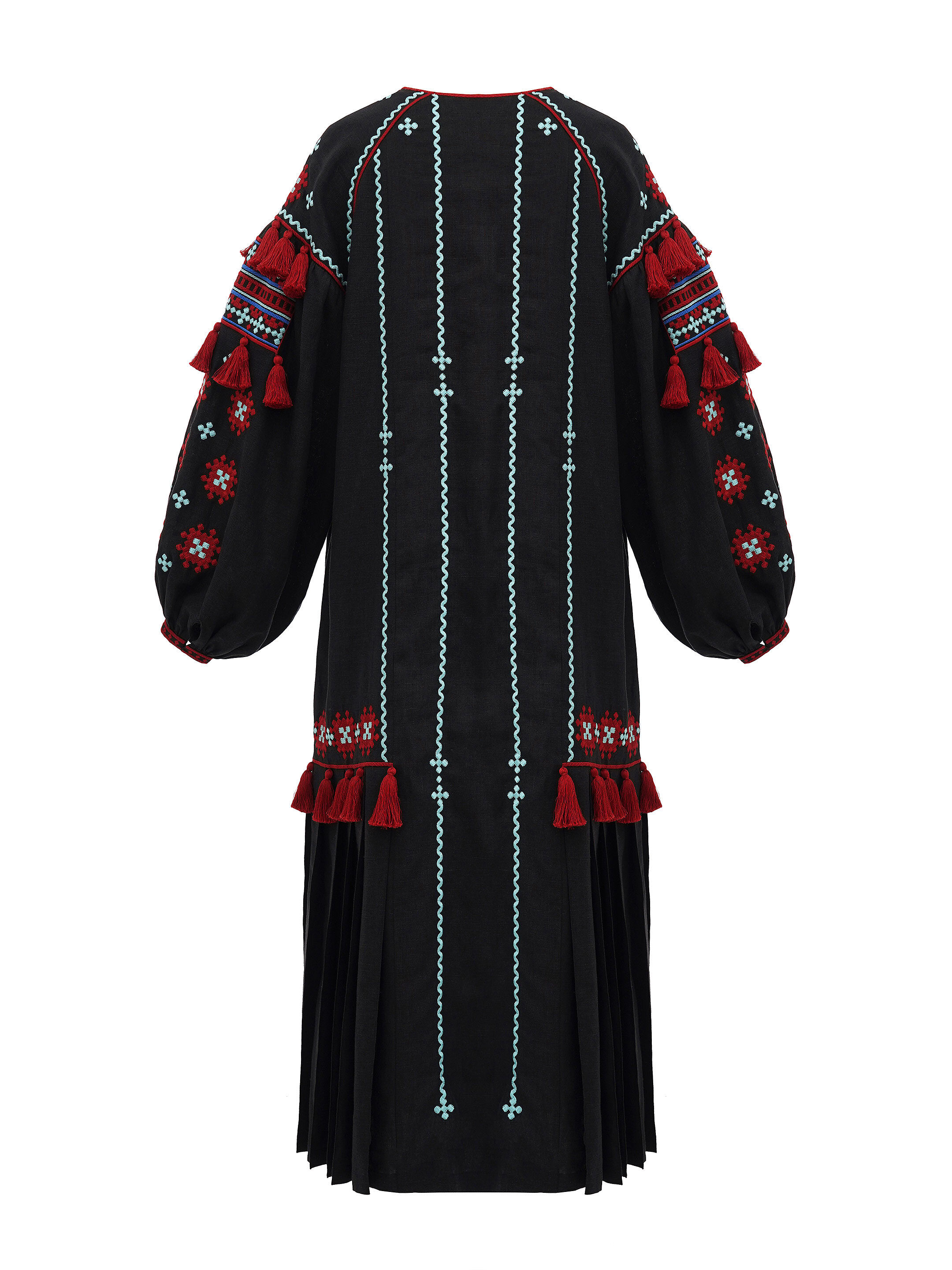 Black linen embroidered dress with contrasting ornaments and tassels Tera buy