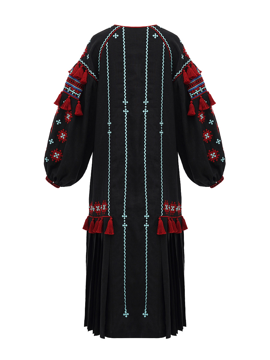 Black linen embroidered dress with contrasting ornaments and tassels Tera [0]