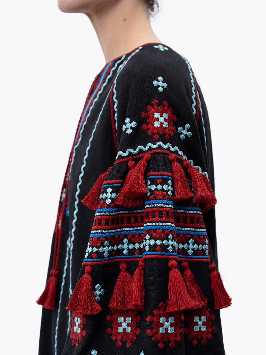 Black linen embroidered dress with contrasting ornaments and tassels Tera [0]