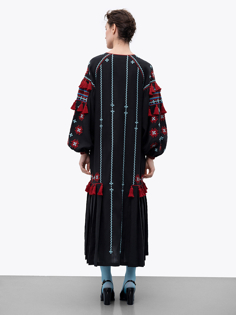 Black linen embroidered dress with contrasting ornaments and tassels Tera [0]