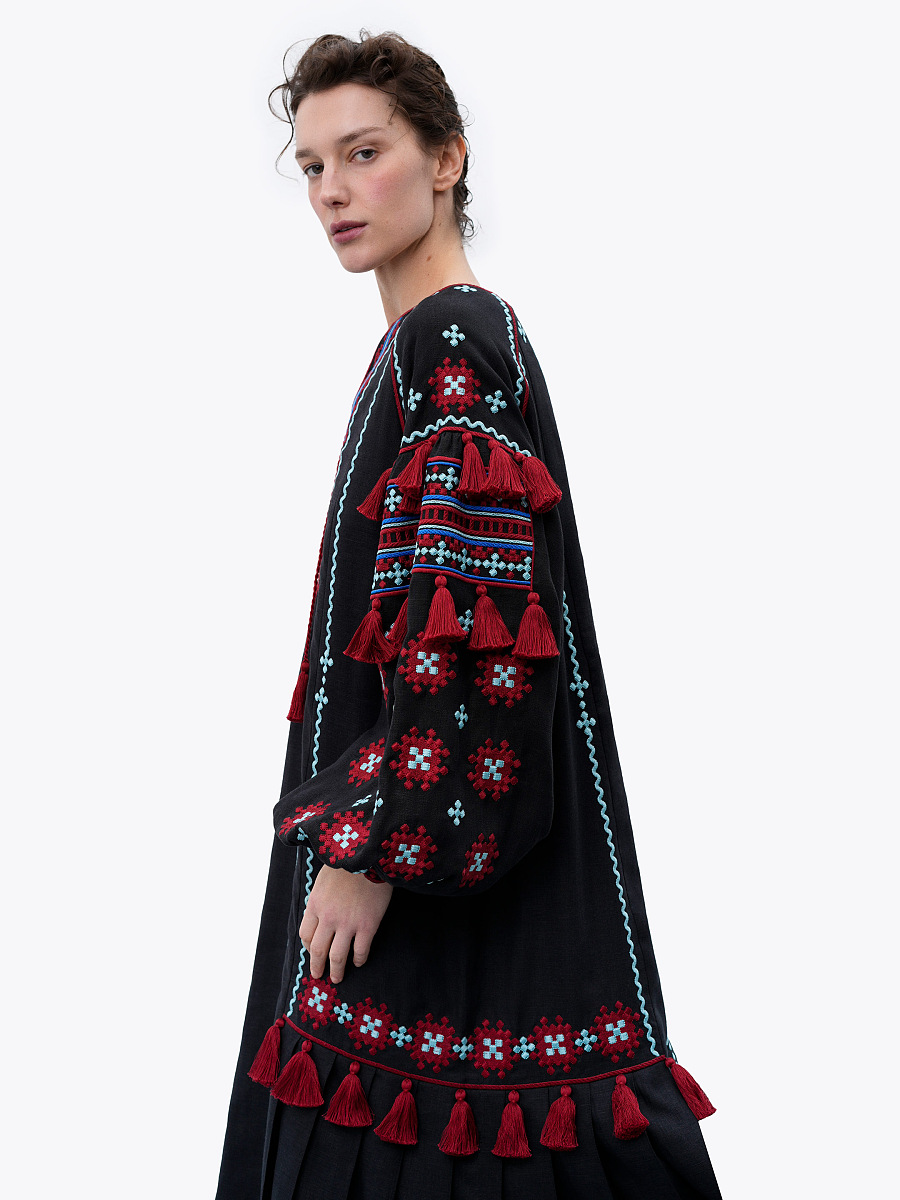 Black linen embroidered dress with contrasting ornaments and tassels Tera [0]