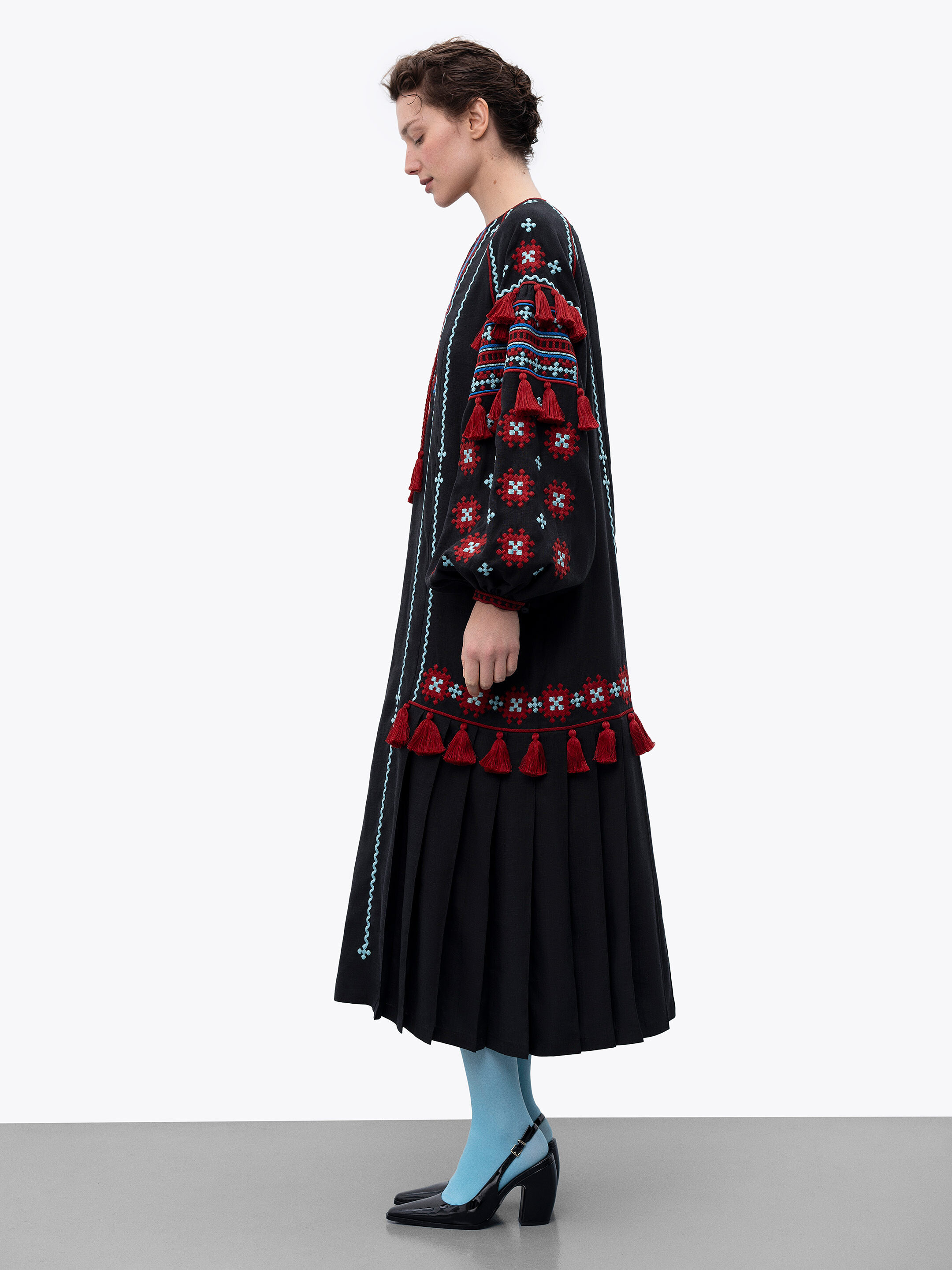 Black linen embroidered dress with contrasting ornaments and tassels Tera cheap