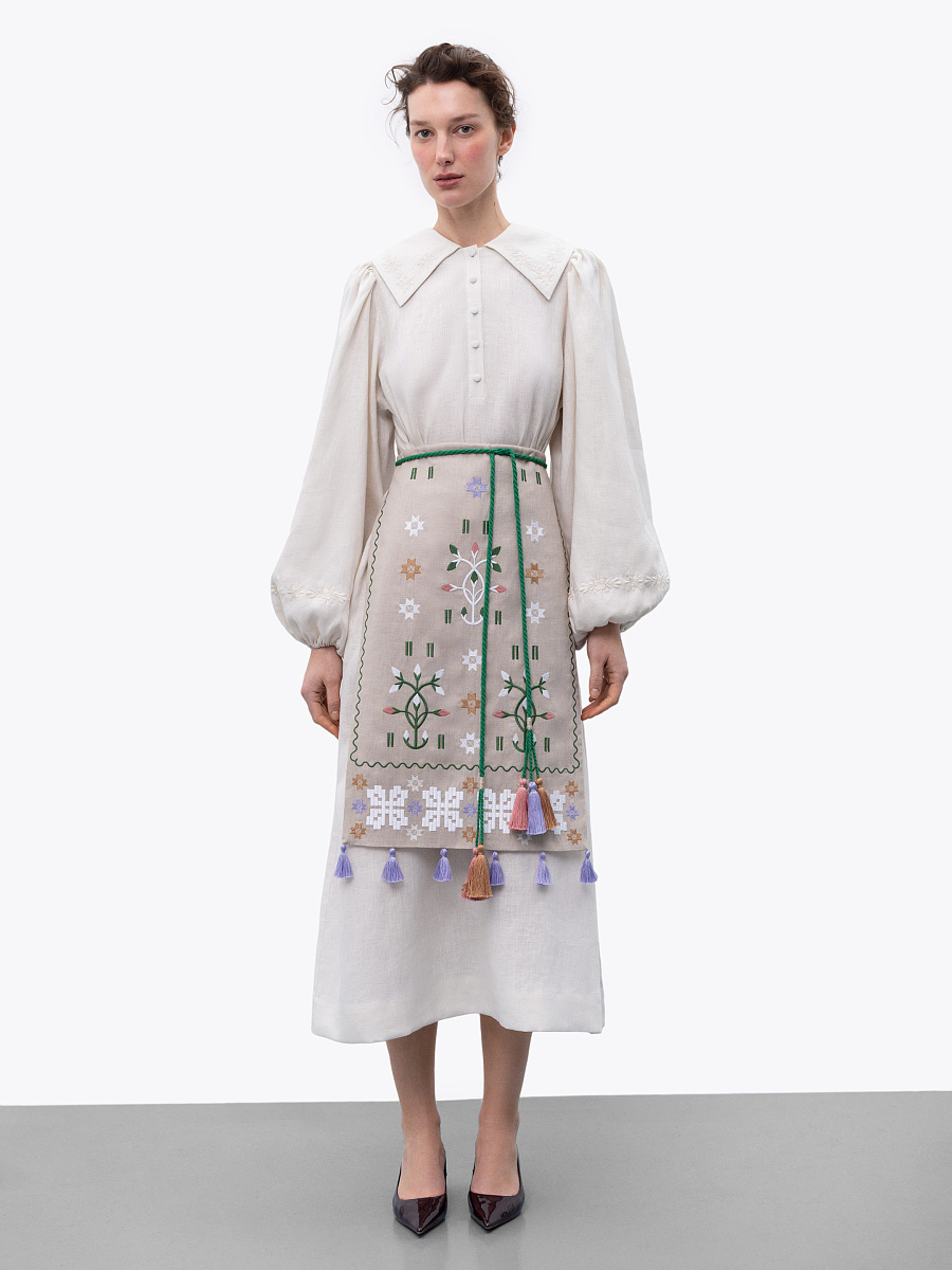 Embroidered linen apron with colored tassels Rozmay [0]