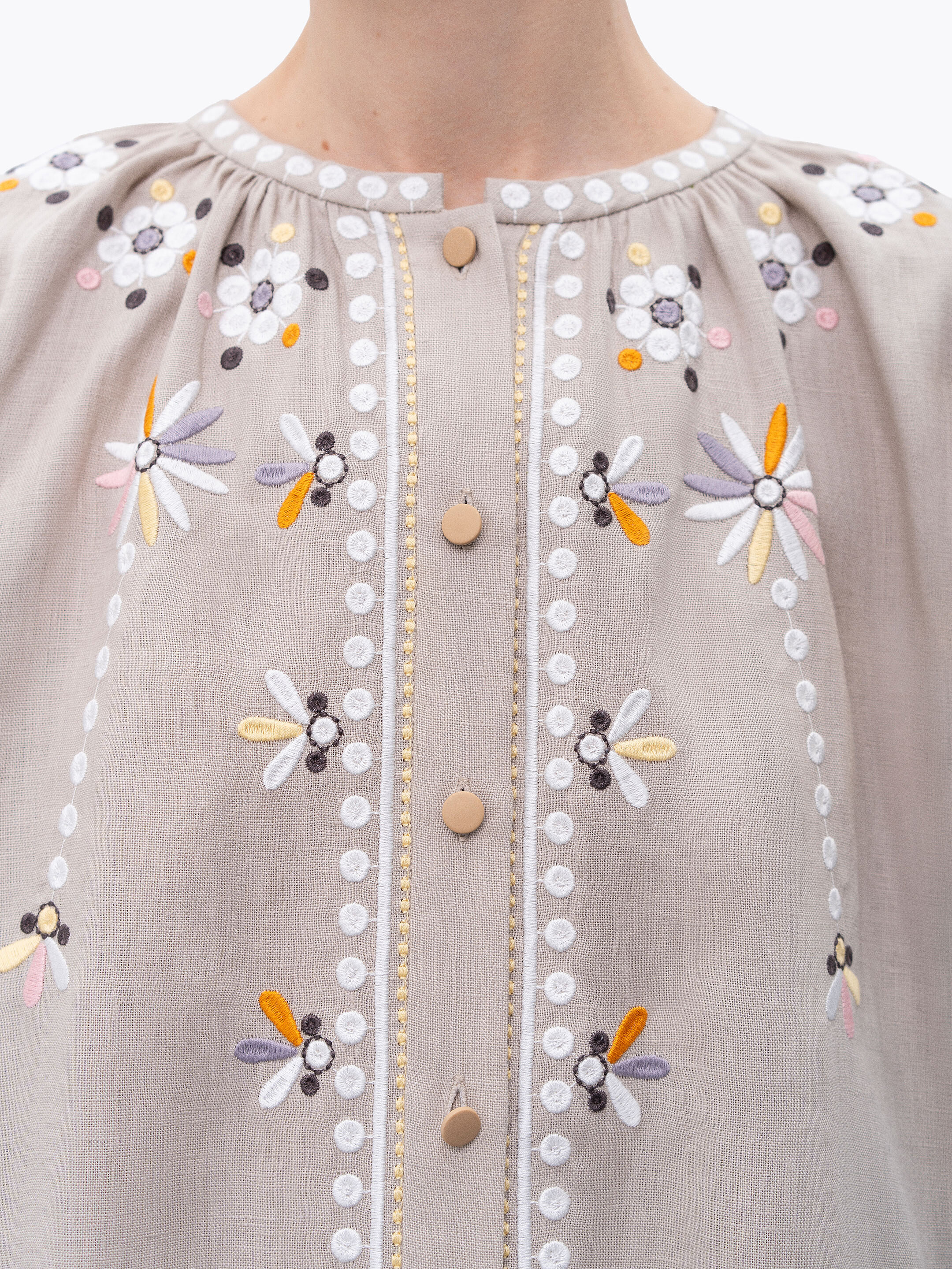 Beige linen embroidered dress with floral motifs and tassels Vesnyanka Beige ціна