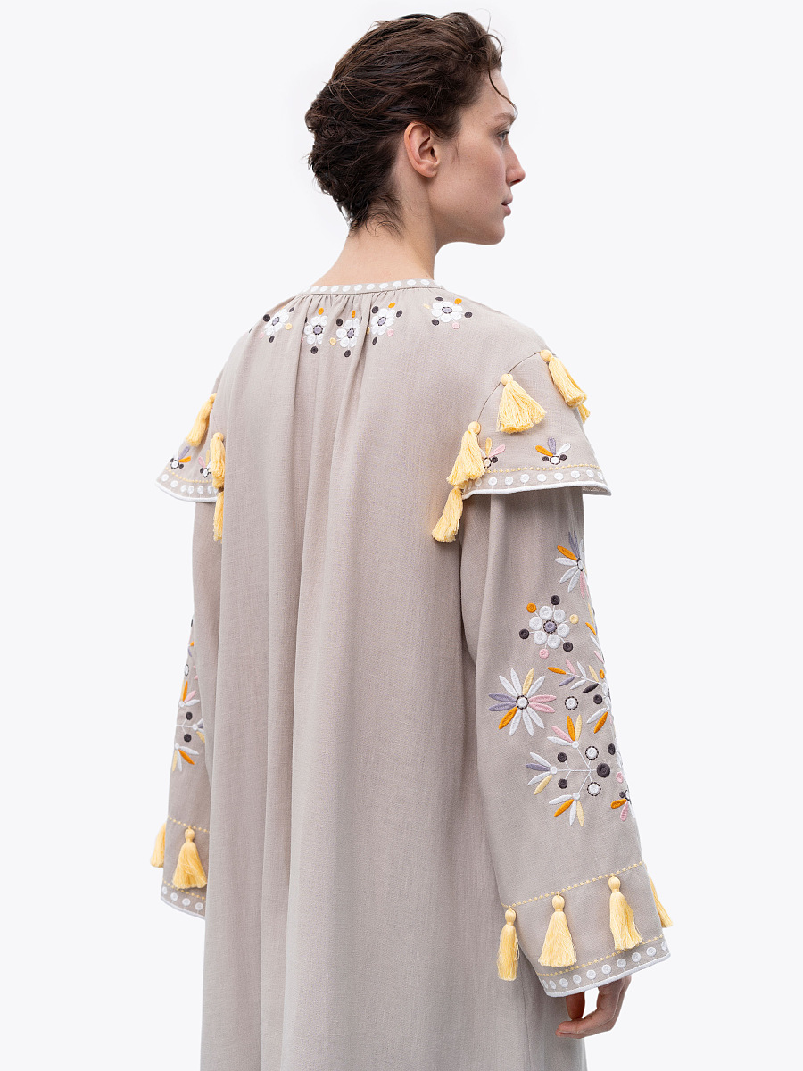 Beige linen embroidered dress with floral motifs and tassels Vesnyanka Beige [0]
