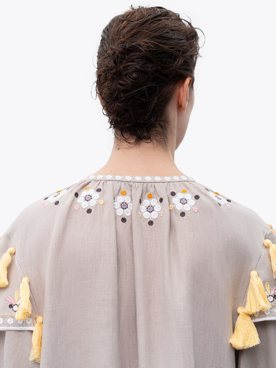 Beige linen embroidered dress with floral motifs and tassels Vesnyanka Beige [0]