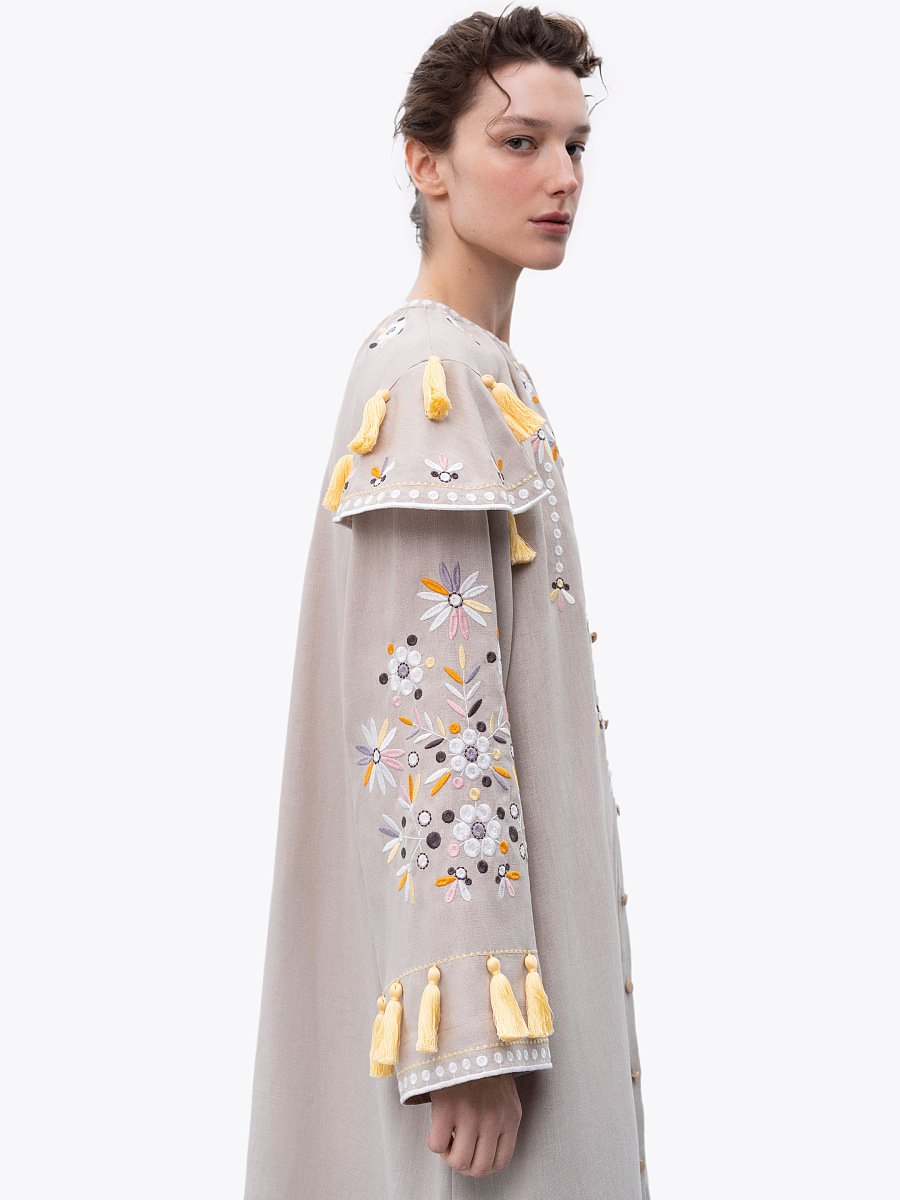 Beige linen embroidered dress with floral motifs and tassels Vesnyanka Beige [0]