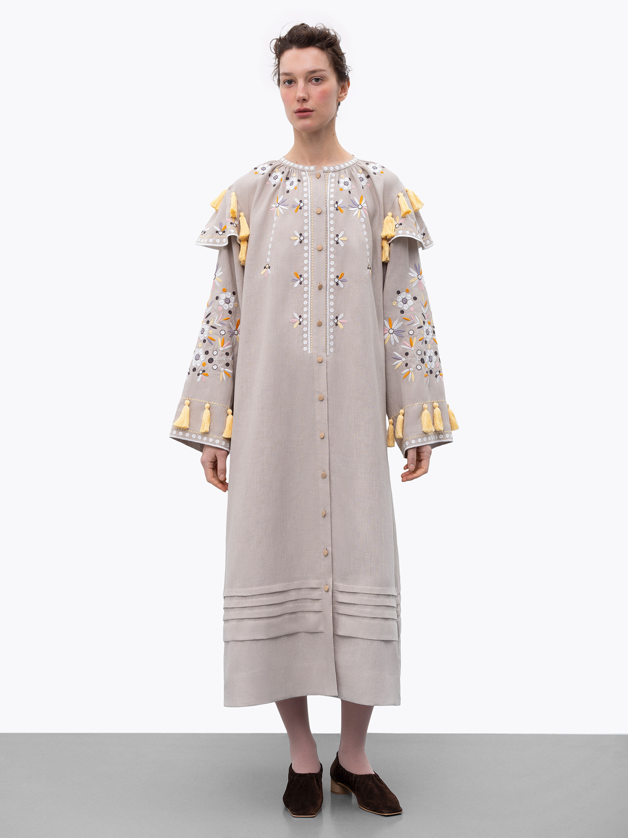 Beige linen embroidered dress with floral motifs and tassels Vesnyanka Beige Buy