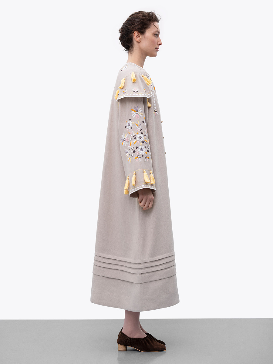 Beige linen embroidered dress with floral motifs and tassels Vesnyanka Beige [0]