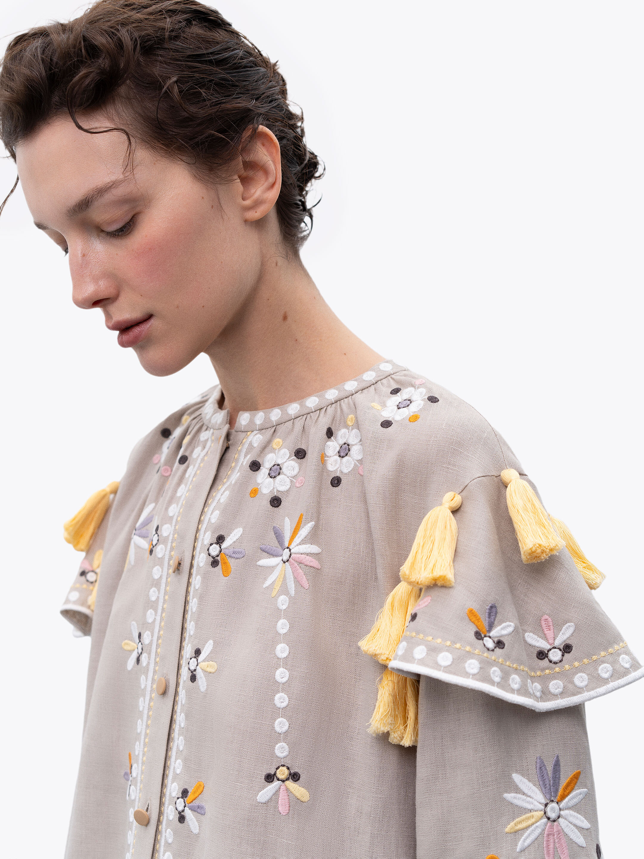 Beige linen embroidered dress with floral motifs and tassels Vesnyanka Beige cheap