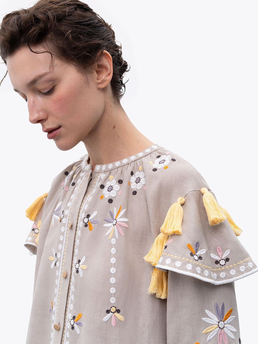 Beige linen embroidered dress with floral motifs and tassels Vesnyanka Beige [0]