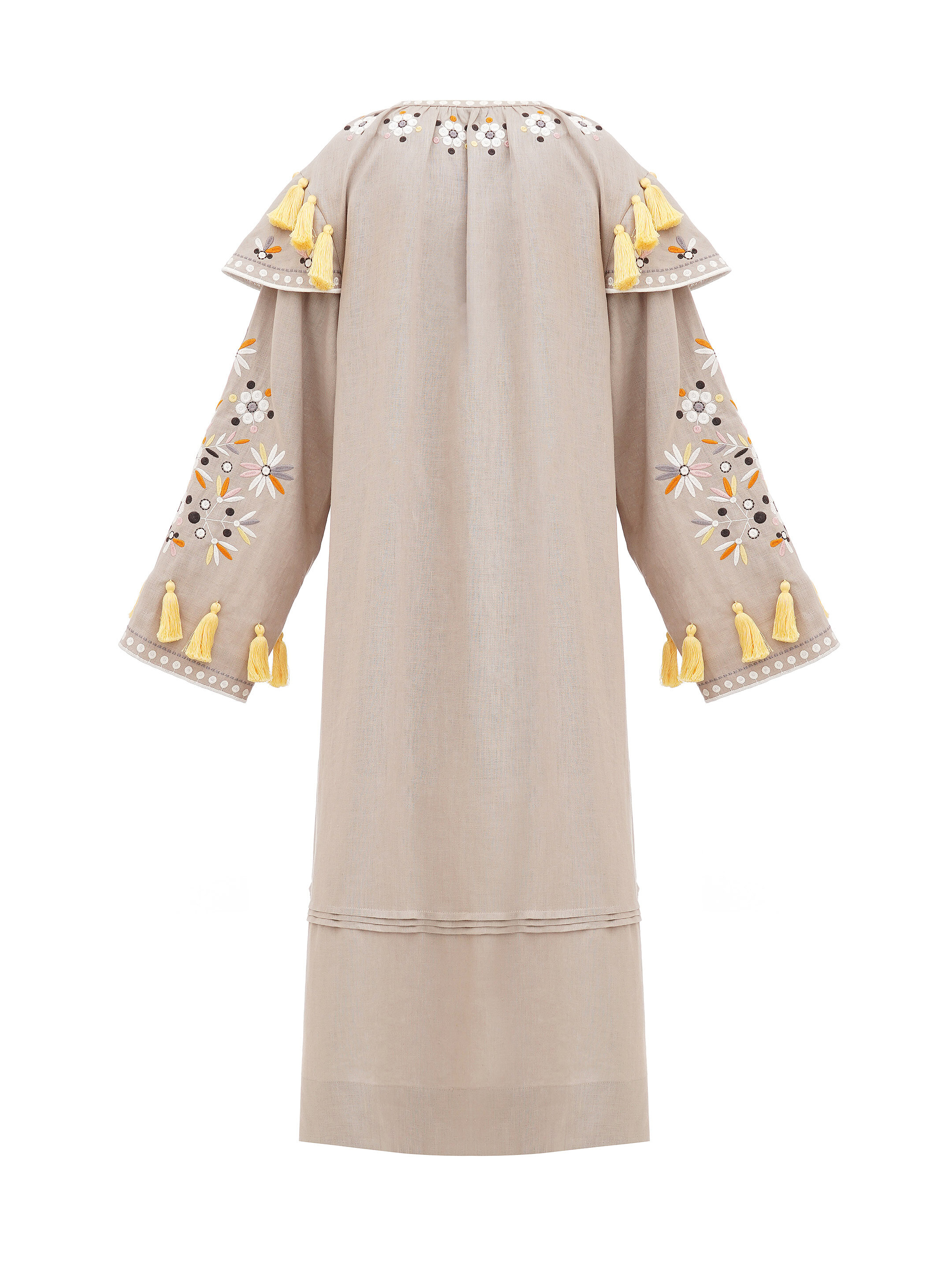 Beige linen embroidered dress with floral motifs and tassels Vesnyanka Beige buy