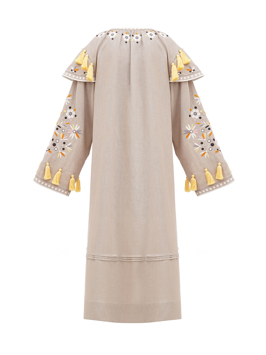 Beige linen embroidered dress with floral motifs and tassels Vesnyanka Beige [0]