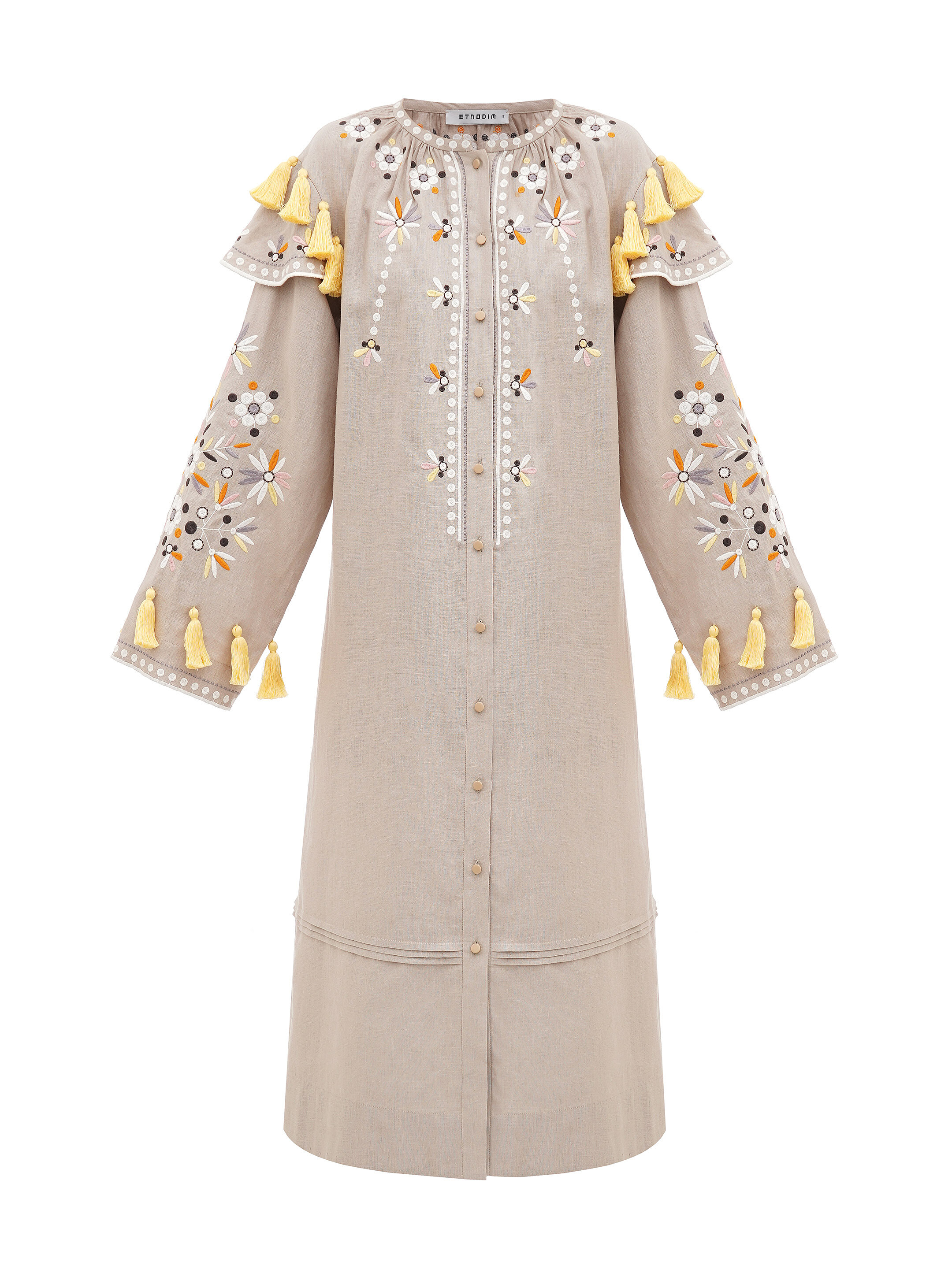Beige linen embroidered dress with floral motifs and tassels Vesnyanka Beige sizes