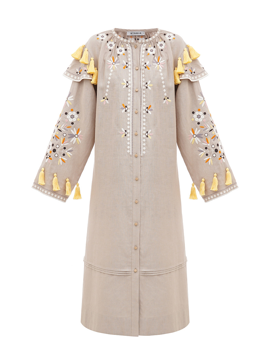 Beige linen embroidered dress with floral motifs and tassels Vesnyanka Beige [0]