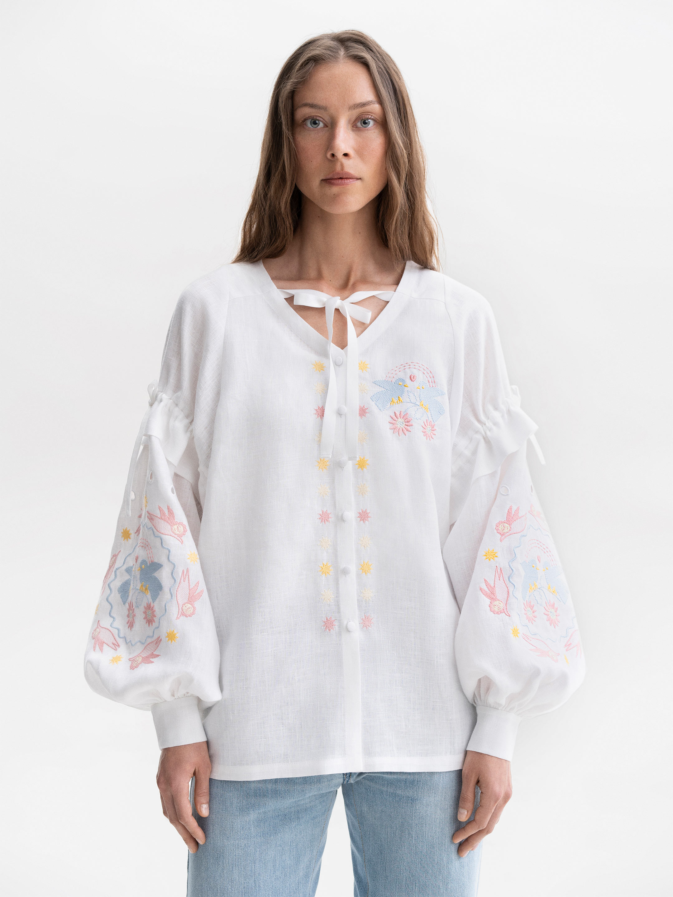 White embroidered shirt with colorful embroidery Polina - photo 1