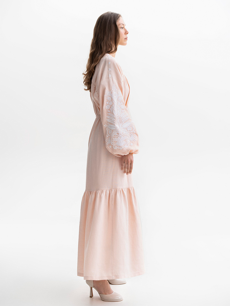 Peach embroidered midi dress with white embroidery Kamiana Vyshyvanka [0]