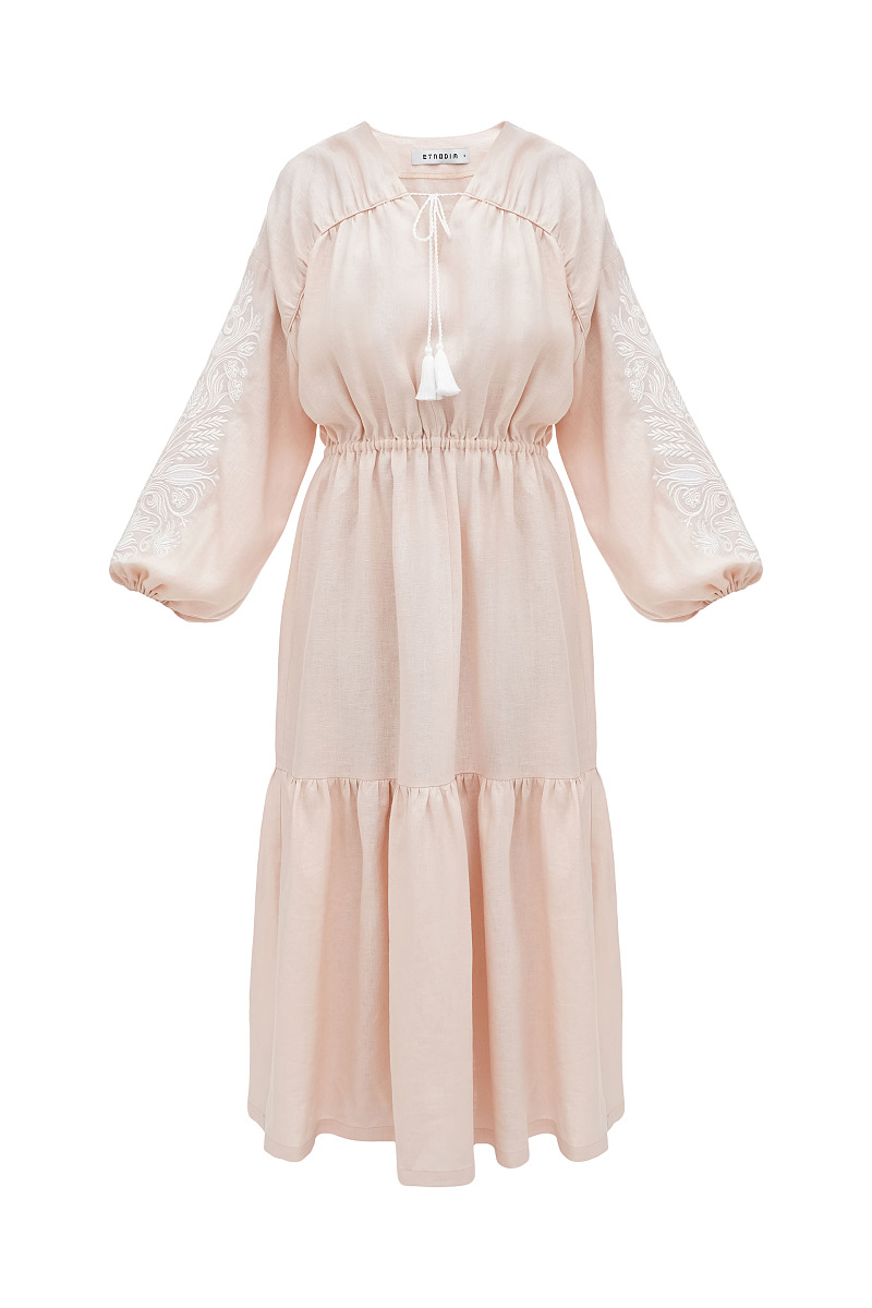 Peach embroidered midi dress with white embroidery Kamiana Vyshyvanka [0]