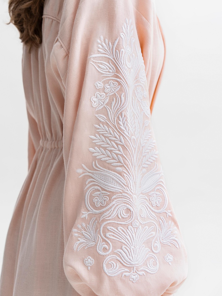 Peach embroidered midi dress with white embroidery Kamiana Vyshyvanka [0]