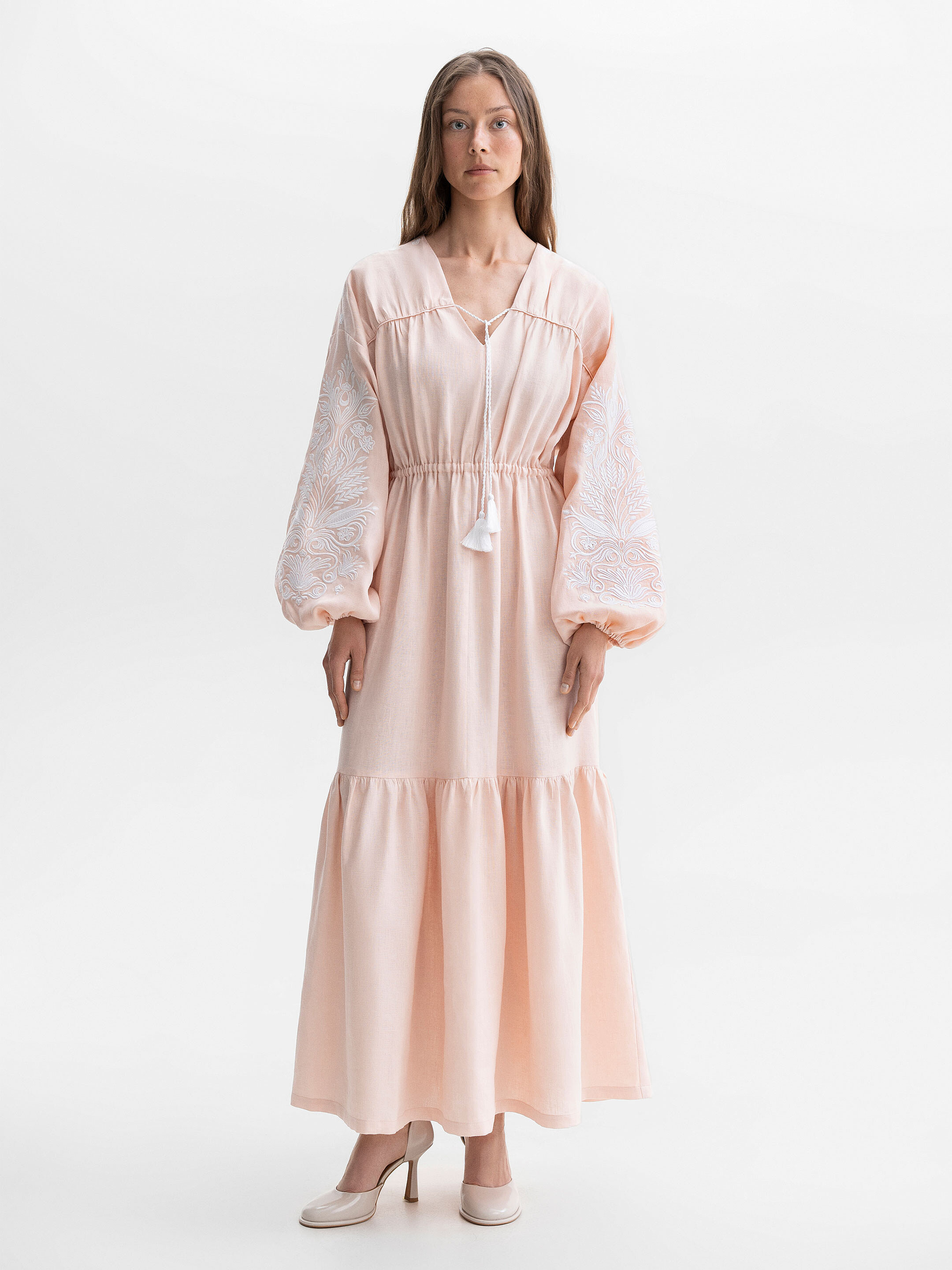 Peach embroidered midi dress with white embroidery Veil Buy