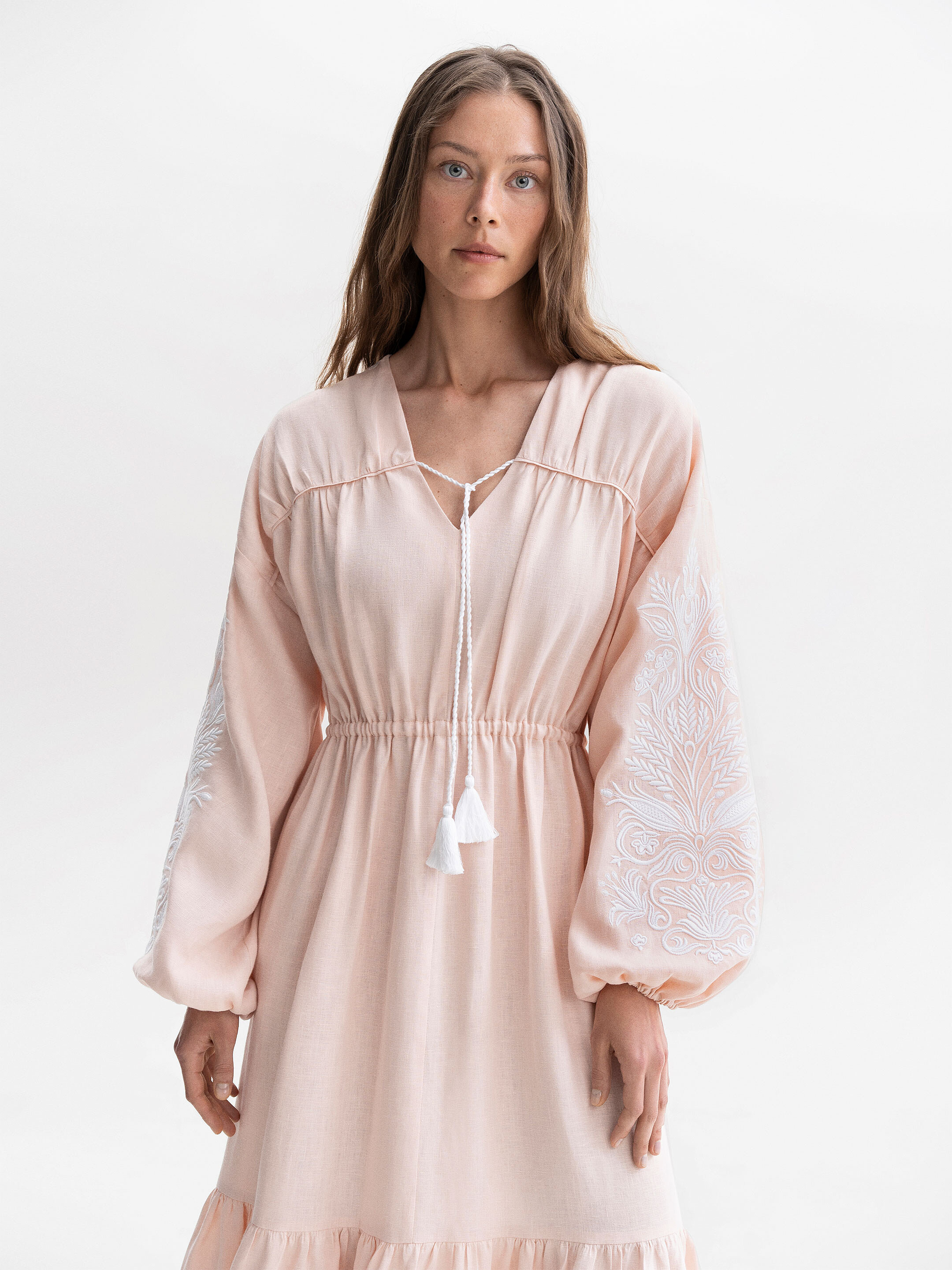 Peach embroidered midi dress with white embroidery Veil cheap