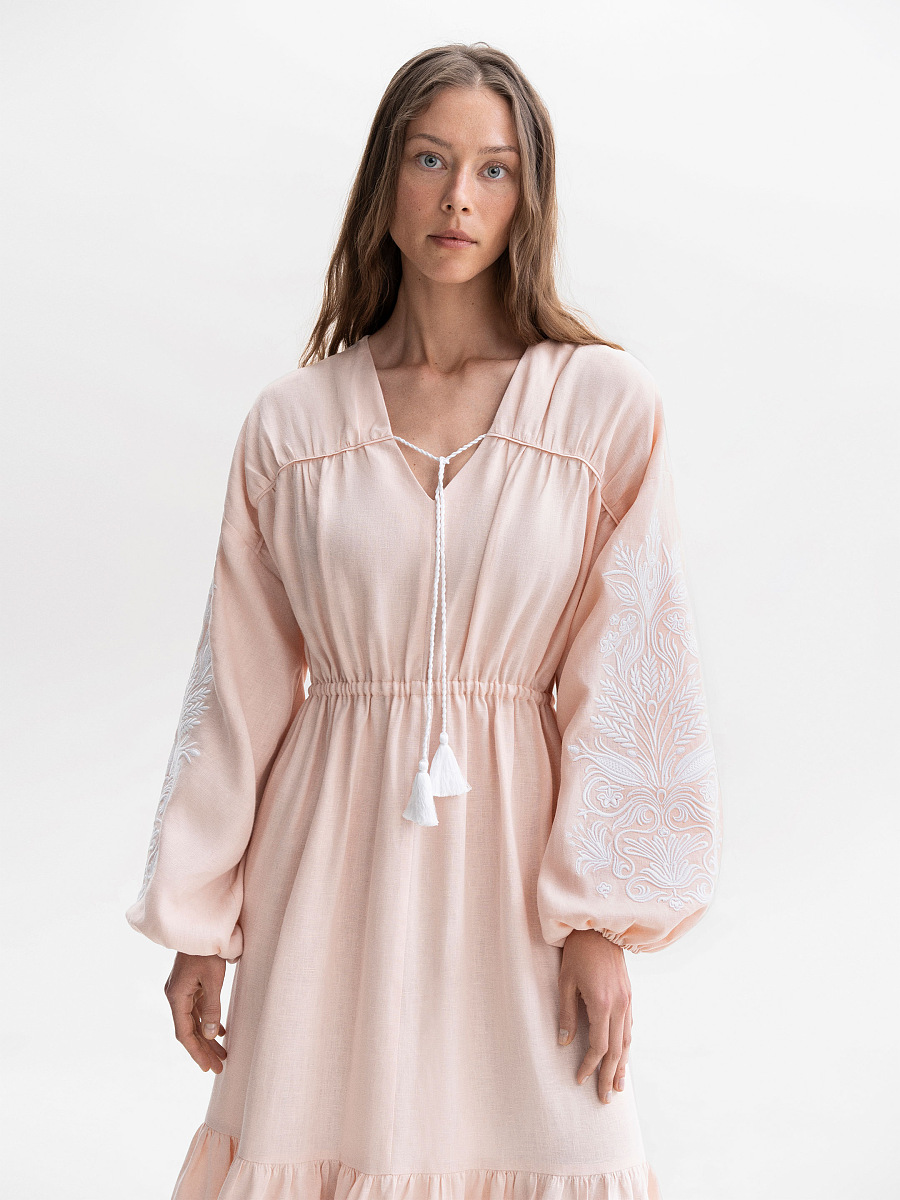 Peach embroidered midi dress with white embroidery Kamiana Vyshyvanka [0]