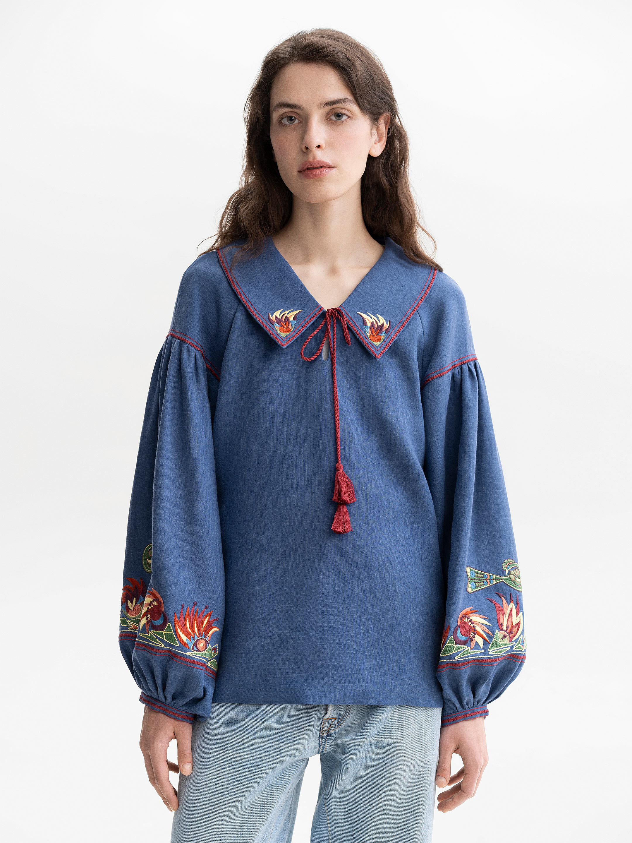 Blue embroidered women's jacket with colorful embroidery Mariupol Buy